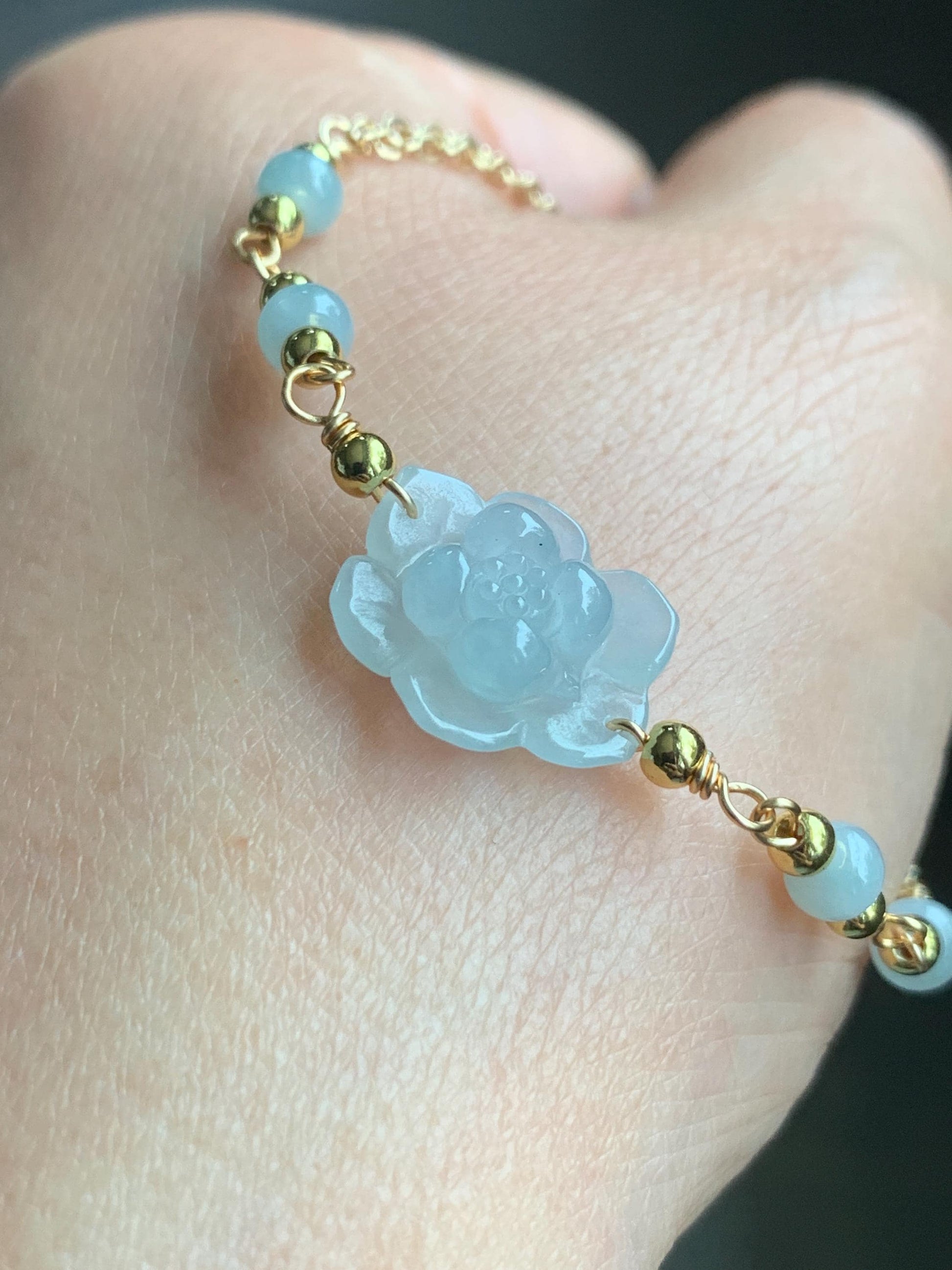 Natural Grade A Icy Translucent Pastel Green Jadeite Lotus Flower Chain Bracelet 14K Gold Filled Magnetic Clasp 6.5” 天然冰晴底翡翠莲花14K包金手链 BJH-B