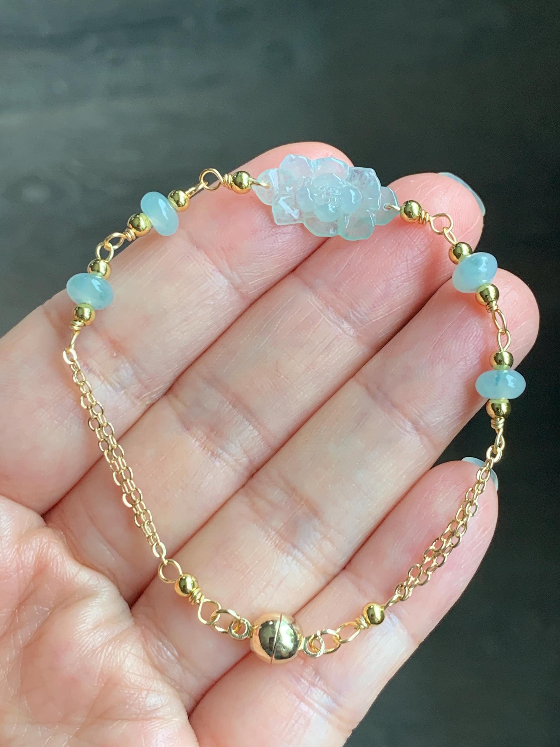 Natural Grade A Icy Translucent Green Marbled Jadeite Lotus Flower Chain Bracelet 14K Gold Filled Magnetic Clasp 6.5” 天然冰飘花翡翠莲花14K包金手链 BJH-C