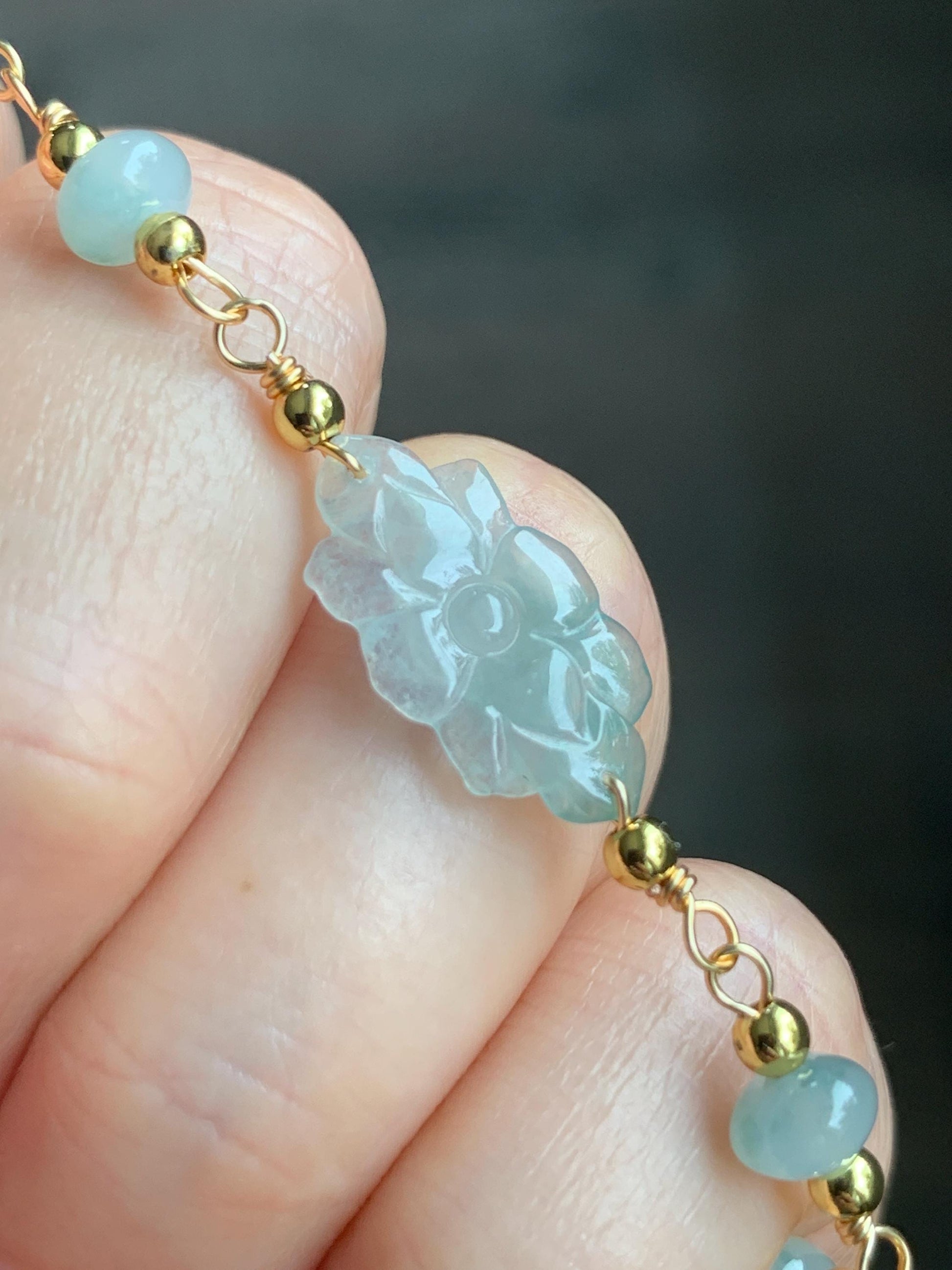 Natural Grade A Icy Translucent Green Marbled Jadeite Lotus Flower Chain Bracelet 14K Gold Filled Magnetic Clasp 6.5” 天然冰飘花翡翠莲花14K包金手链 BJH-C