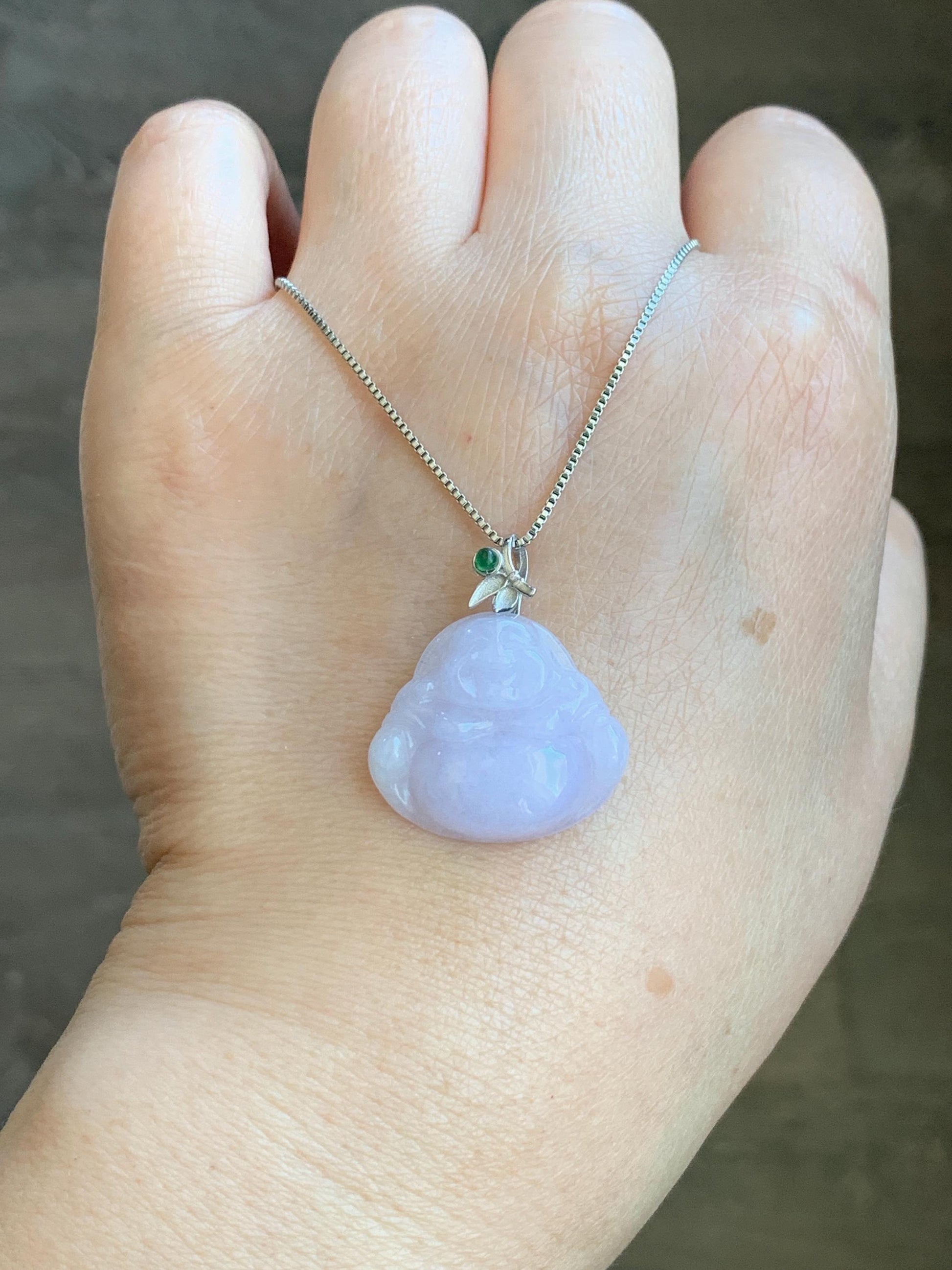 Natural Grade A Icy Translucent Light Purple Jadeite Buddha Pendant Guatemalan Green Jadeite Sterling Silver Bail 天然冰淡紫翡翠佛公吊坠危绿翡翠银扣头 BZC260