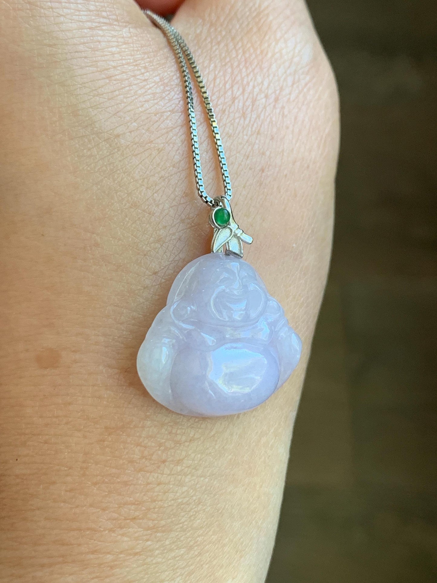 Natural Grade A Icy Translucent Light Purple Jadeite Buddha Pendant Guatemalan Green Jadeite Sterling Silver Bail 天然冰淡紫翡翠佛公吊坠危绿翡翠银扣头 BZC260