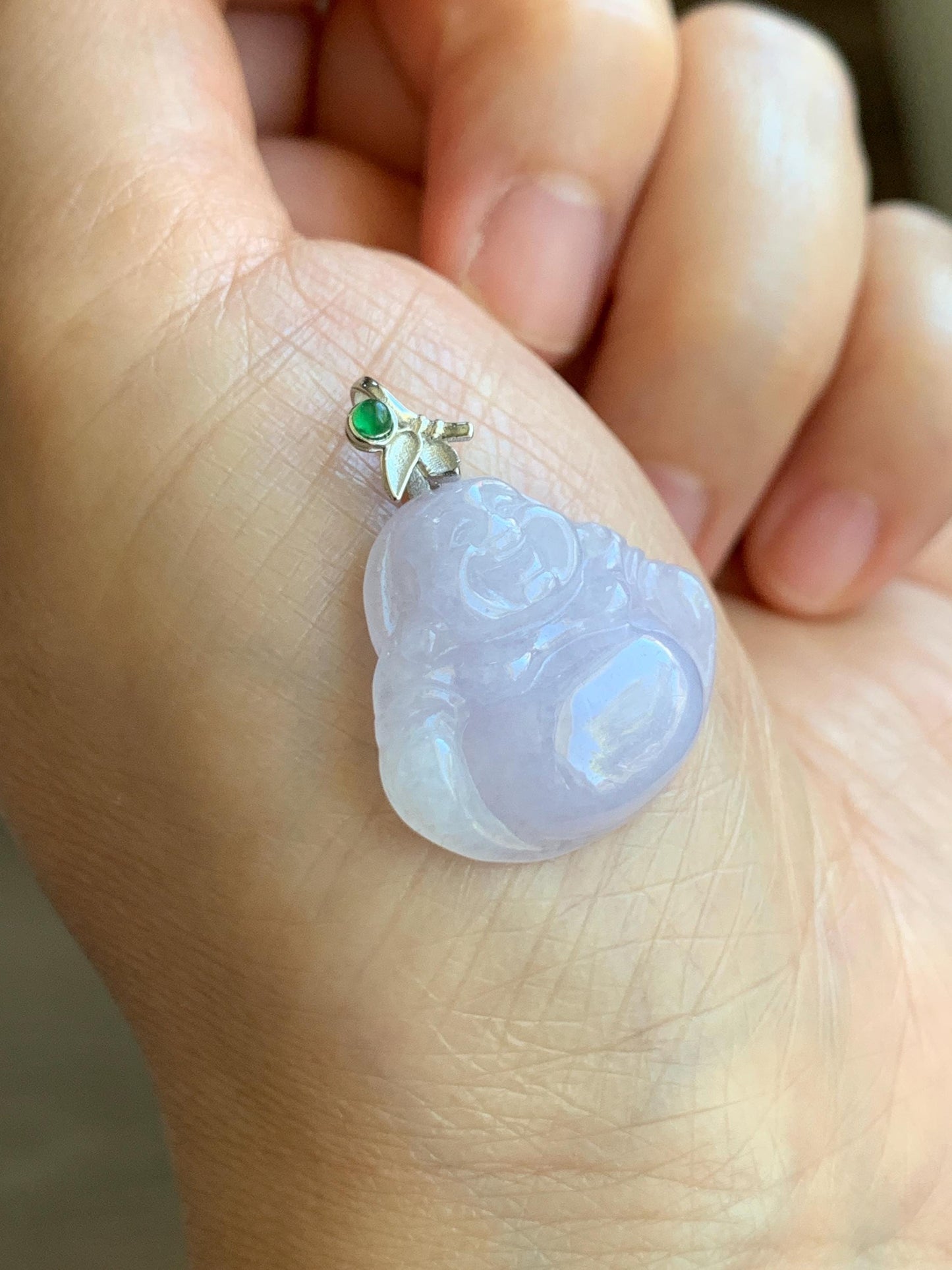 Natural Grade A Icy Translucent Light Purple Jadeite Buddha Pendant Guatemalan Green Jadeite Sterling Silver Bail 天然冰淡紫翡翠佛公吊坠危绿翡翠银扣头 BZC260