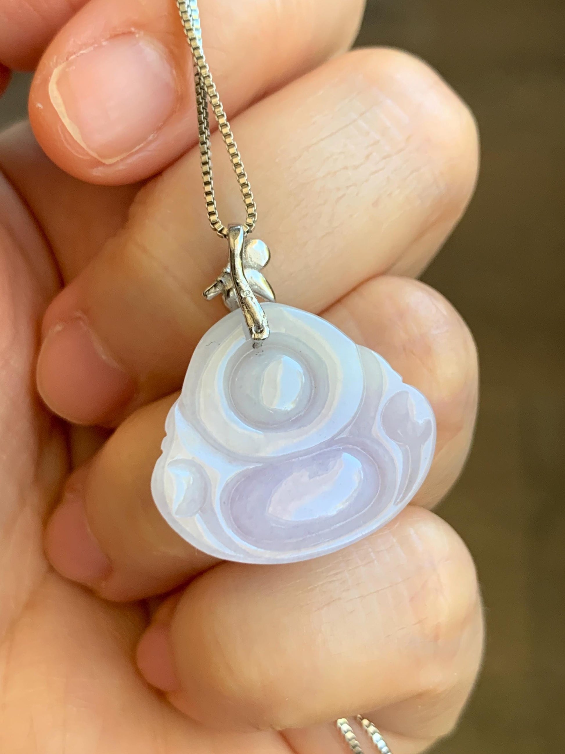 Natural Grade A Icy Translucent Light Purple Jadeite Buddha Pendant Guatemalan Green Jadeite Sterling Silver Bail 天然冰淡紫翡翠佛公吊坠危绿翡翠银扣头 BZB260