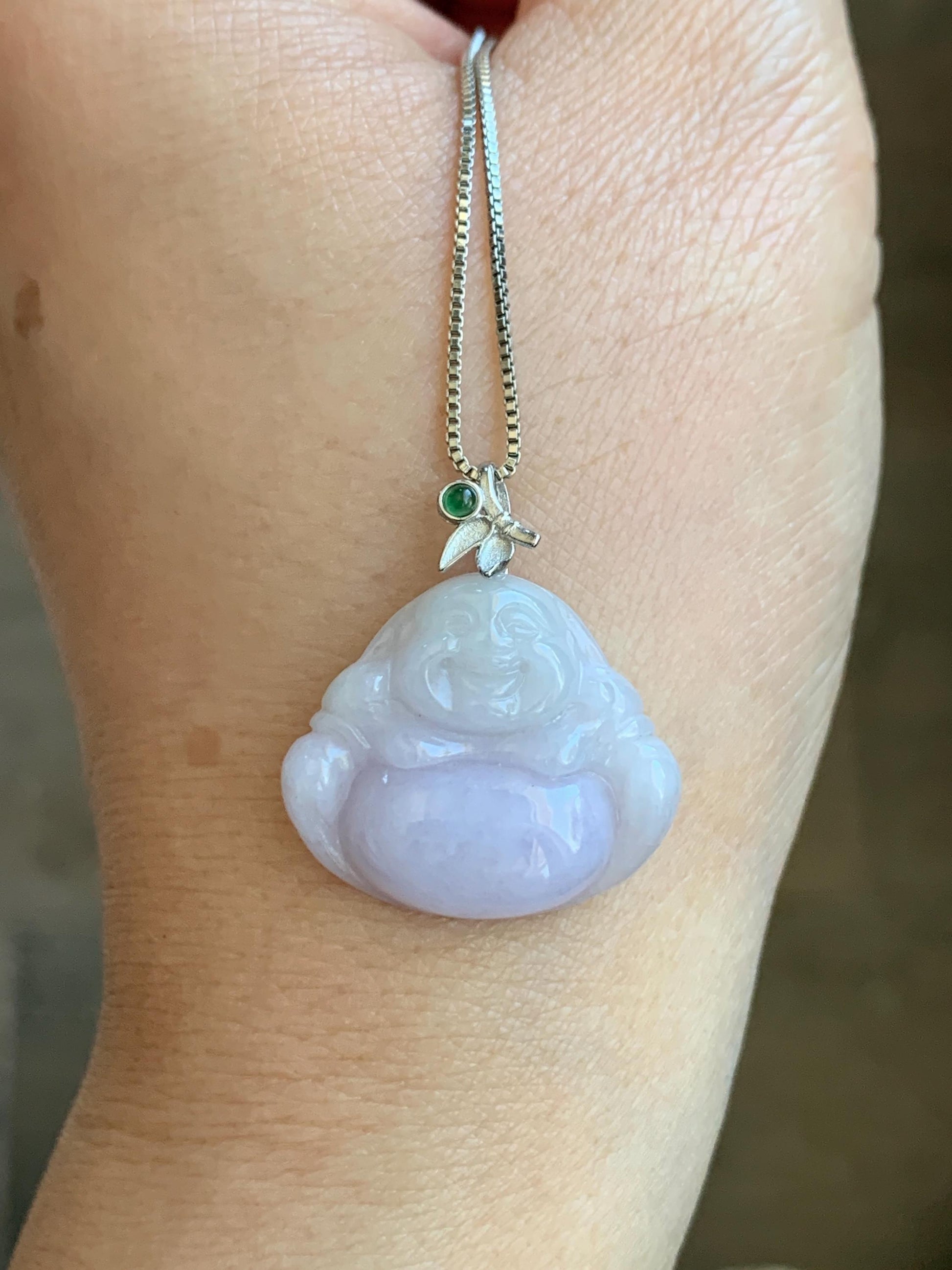 Natural Grade A Icy Translucent Light Purple Jadeite Buddha Pendant Guatemalan Green Jadeite Sterling Silver Bail 天然冰淡紫翡翠佛公吊坠危绿翡翠银扣头 BZB260