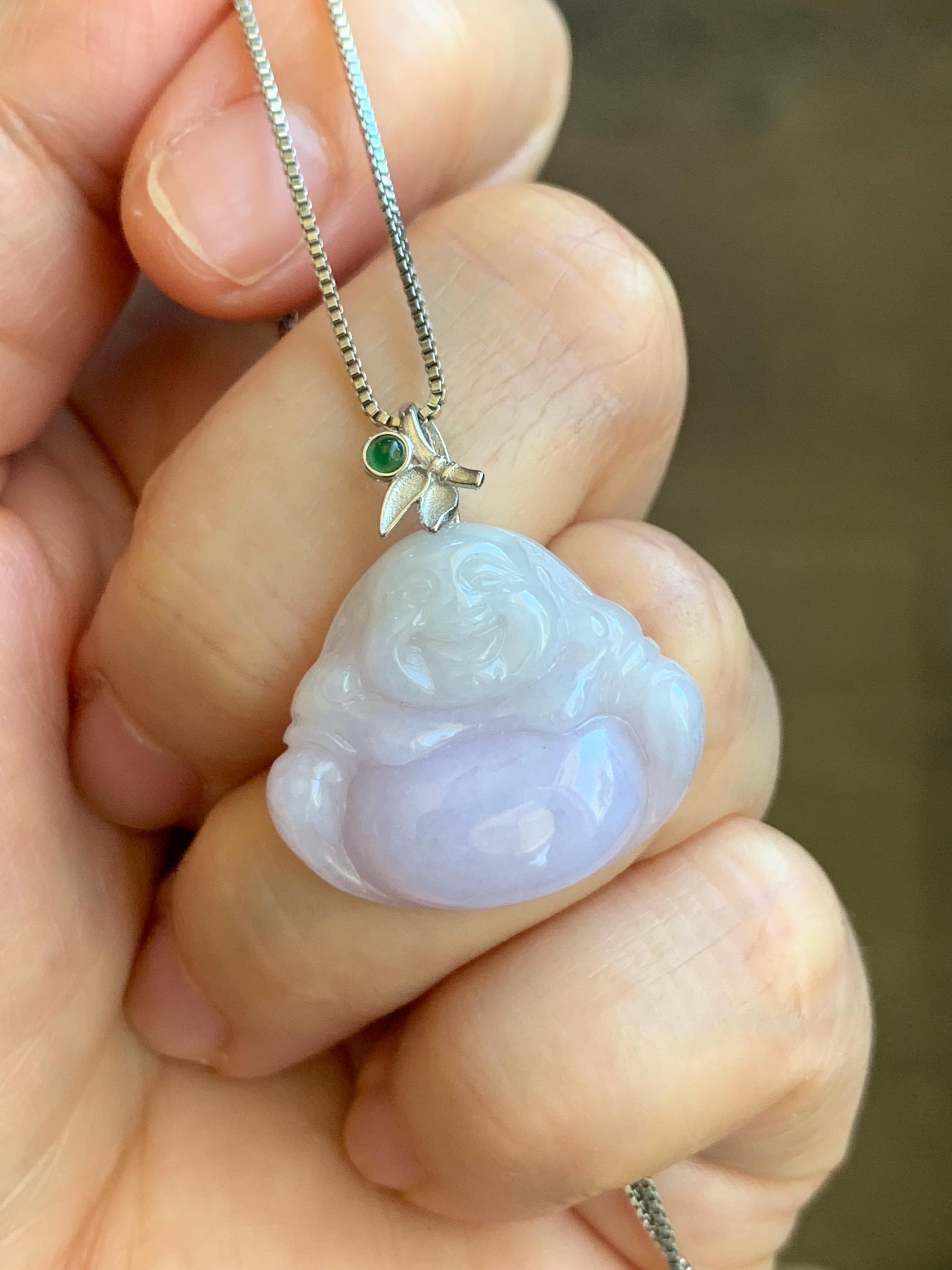 Natural Grade A Icy Translucent Light Purple Jadeite Buddha Pendant Guatemalan Green Jadeite Sterling Silver Bail 天然冰淡紫翡翠佛公吊坠危绿翡翠银扣头 BZB260