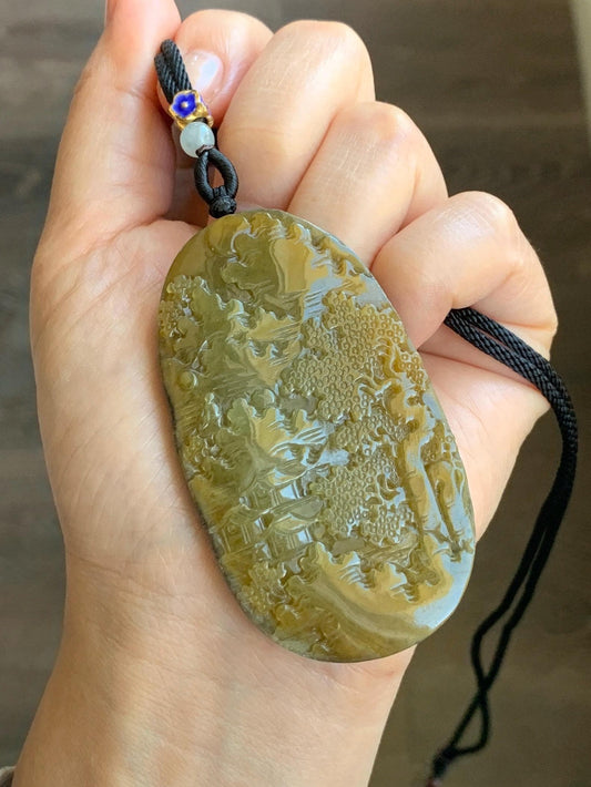 Certified Natural Grade A Icy Translucent Intense Dark Yellow Jadeite Shan Shui Large Pendant Rope Necklace 26” 43g 天然冰油黄原石皮翡翠山水牌吊坠 1515