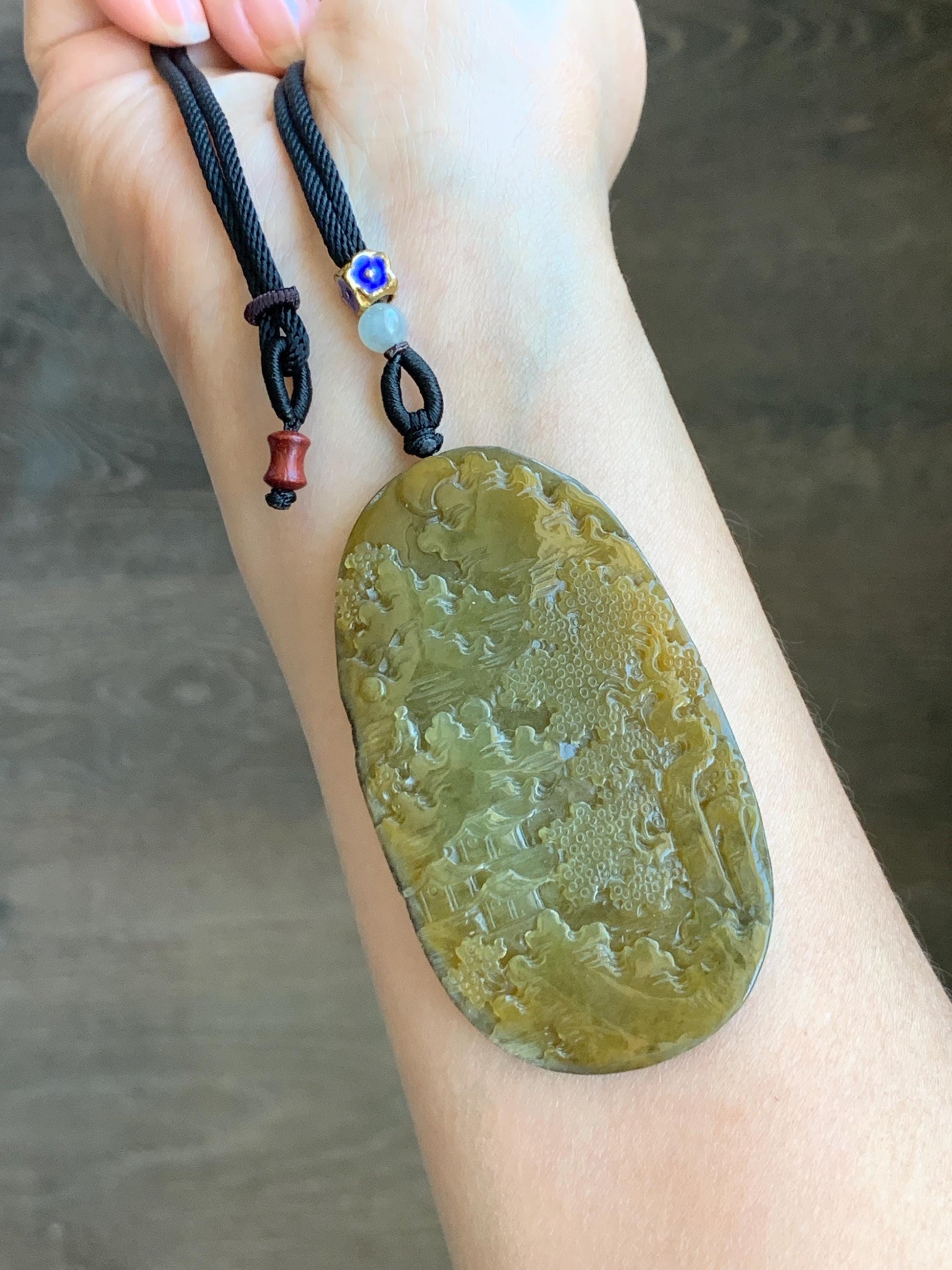 Certified Natural Grade A Icy Translucent Intense Dark Yellow Jadeite Shan Shui Large Pendant Rope Necklace 26” 43g 天然冰油黄原石皮翡翠山水牌吊坠 1515