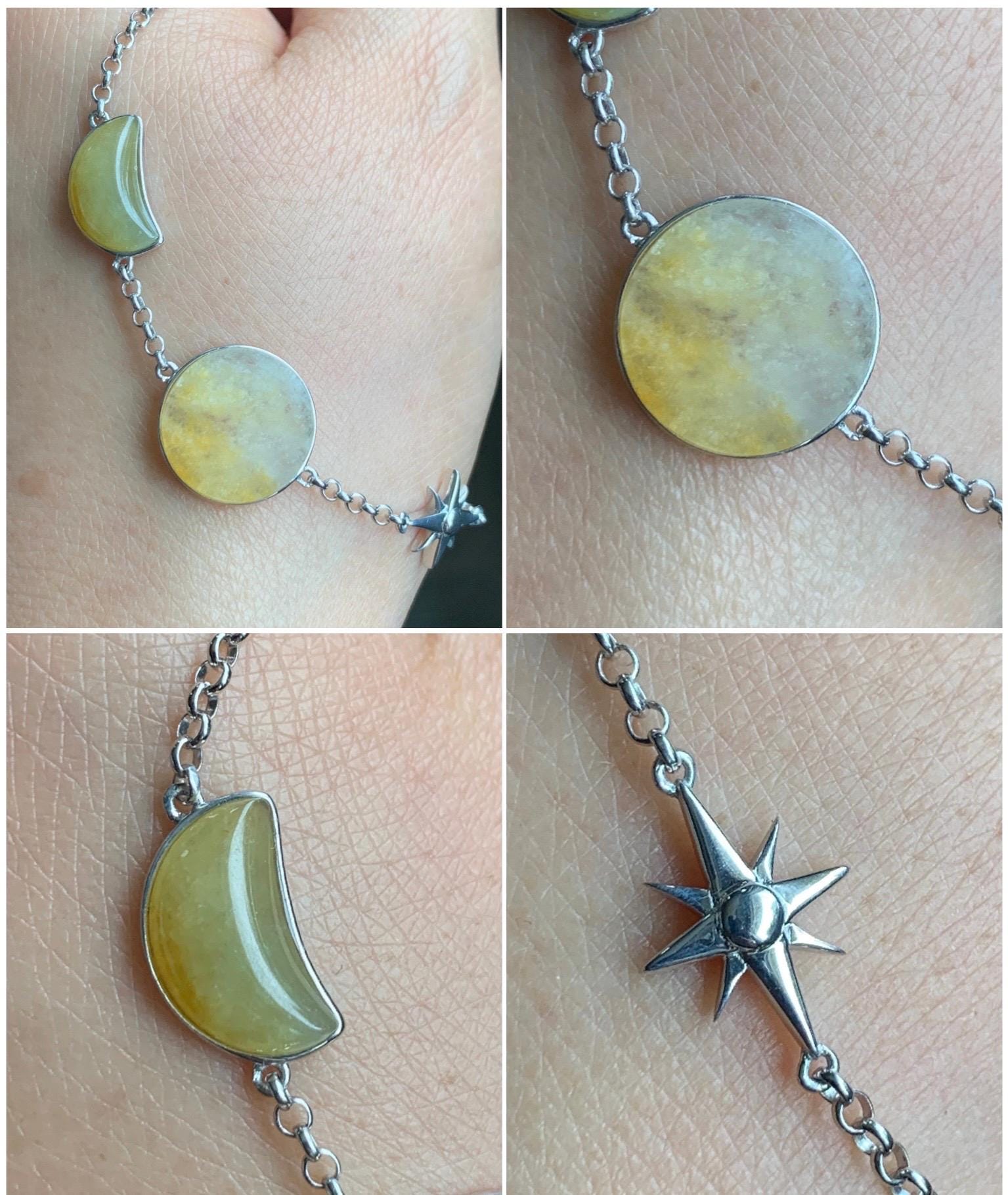 Certified Natural Grade A Icy Highly Translucent Yellow Marbled Jadeite Sun Moon Star Bracelet Sterling Silver 6.25” 天然冰黄翡翠星星月亮太阳银镶手链 8778