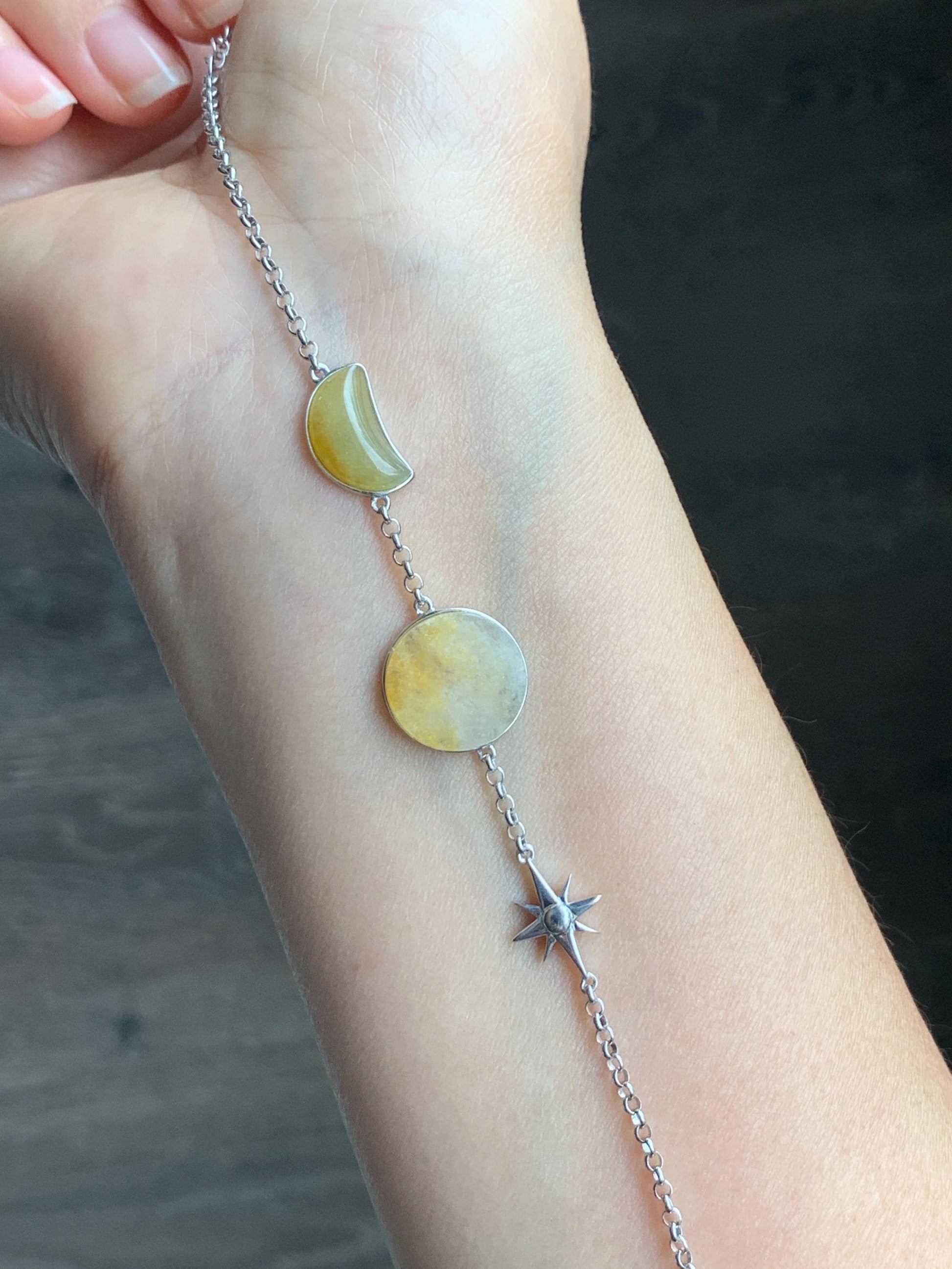 Certified Natural Grade A Icy Highly Translucent Yellow Marbled Jadeite Sun Moon Star Bracelet Sterling Silver 6.25” 天然冰黄翡翠星星月亮太阳银镶手链 8778