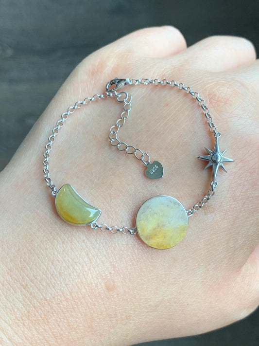 Certified Natural Grade A Icy Highly Translucent Yellow Marbled Jadeite Sun Moon Star Bracelet Sterling Silver 6.25” 天然冰黄翡翠星星月亮太阳银镶手链 8778