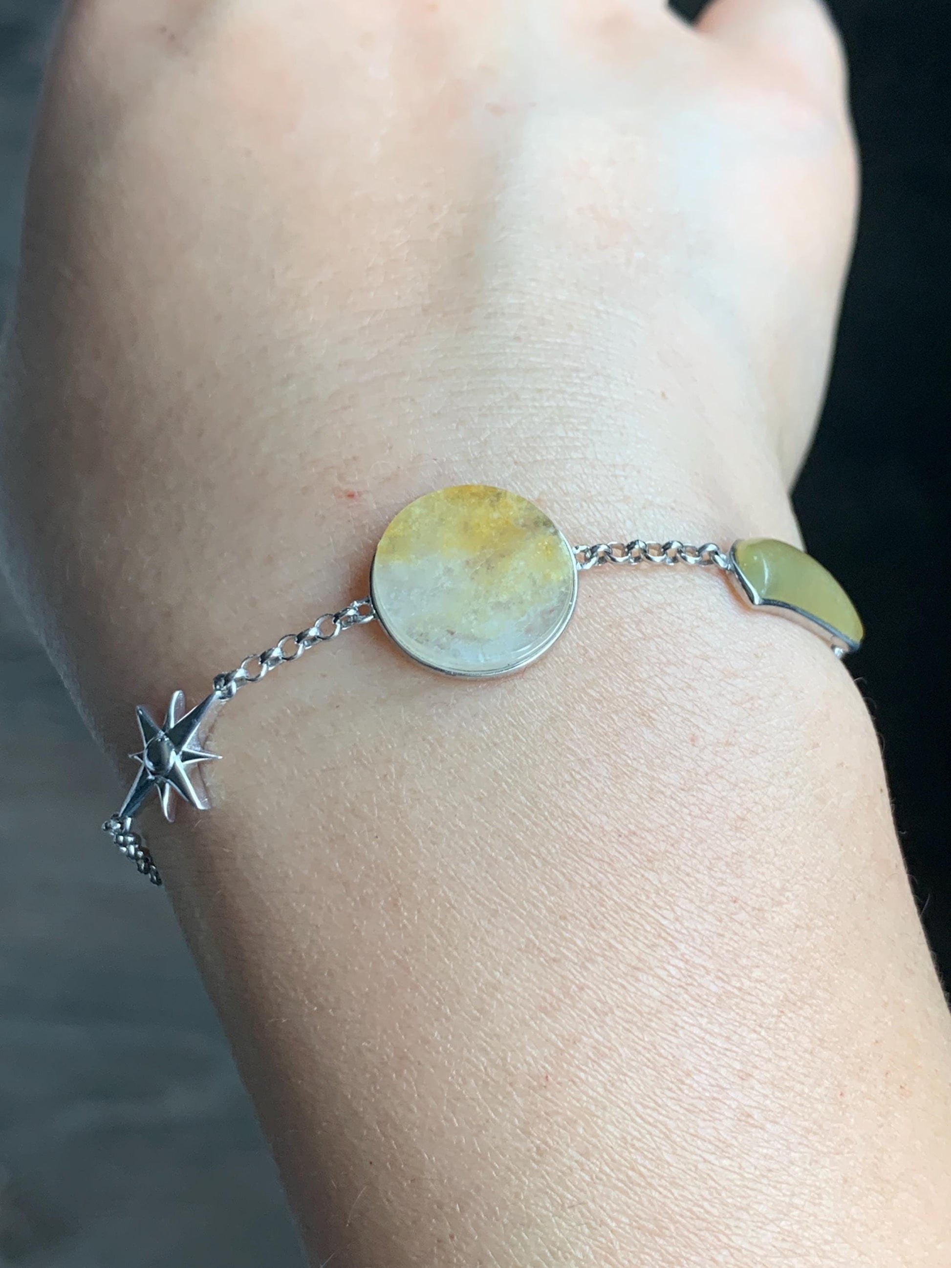 Certified Natural Grade A Icy Highly Translucent Yellow Marbled Jadeite Sun Moon Star Bracelet Sterling Silver 6.25” 天然冰黄翡翠星星月亮太阳银镶手链 8778