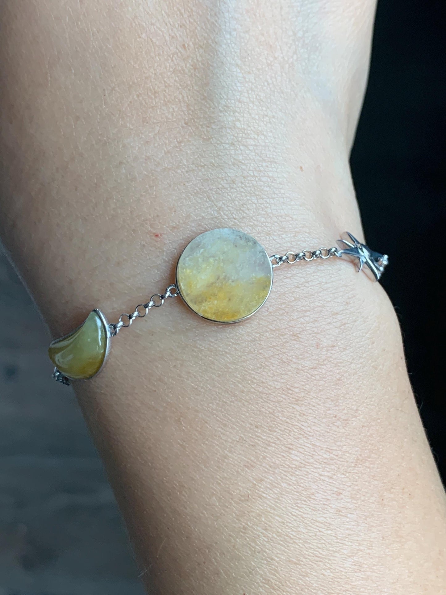 Certified Natural Grade A Icy Highly Translucent Yellow Marbled Jadeite Sun Moon Star Bracelet Sterling Silver 6.25” 天然冰黄翡翠星星月亮太阳银镶手链 8778