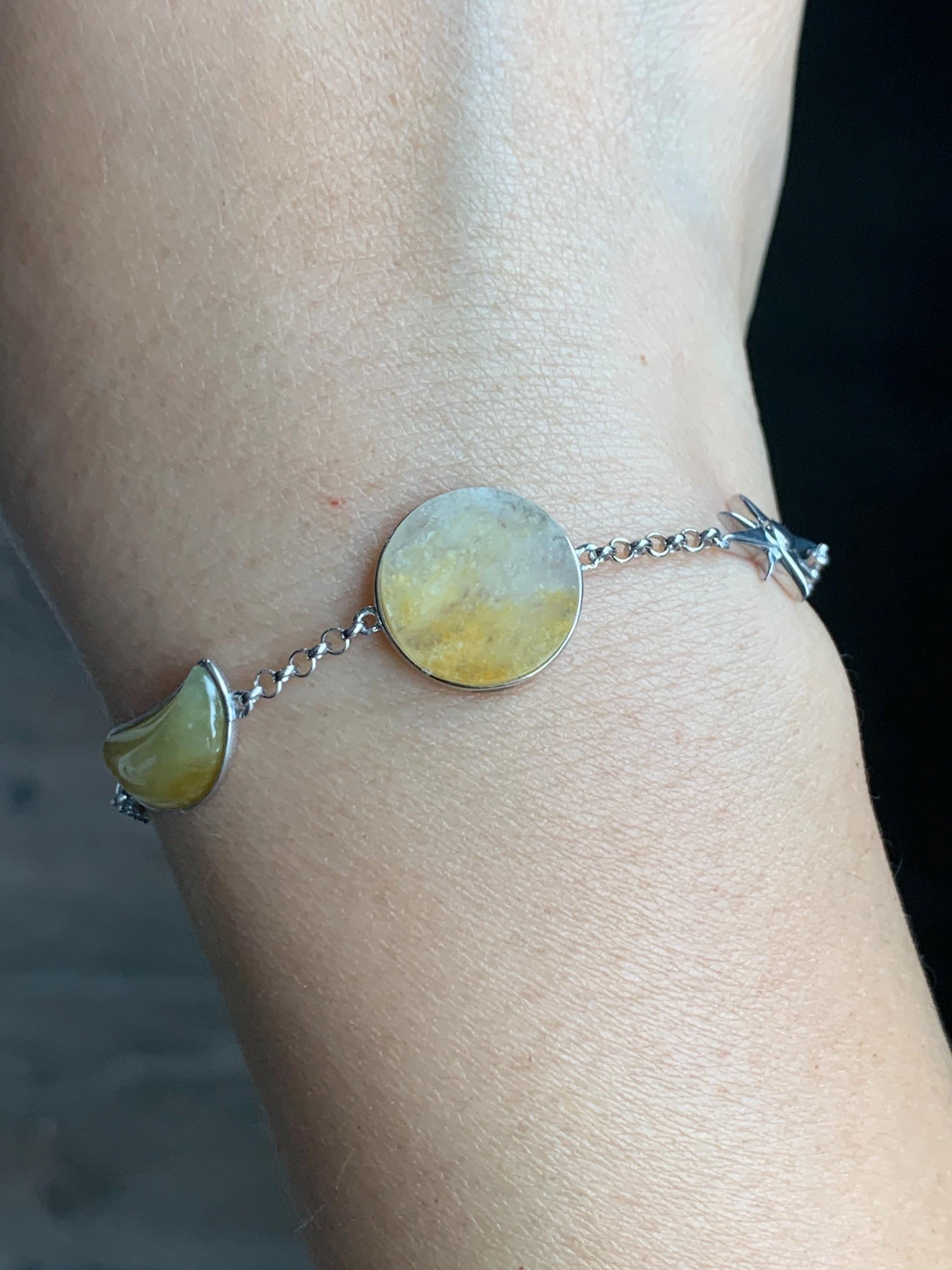 Certified Natural Grade A Icy Highly Translucent Yellow Marbled Jadeite Sun Moon Star Bracelet Sterling Silver 6.25” 天然冰黄翡翠星星月亮太阳银镶手链 8778
