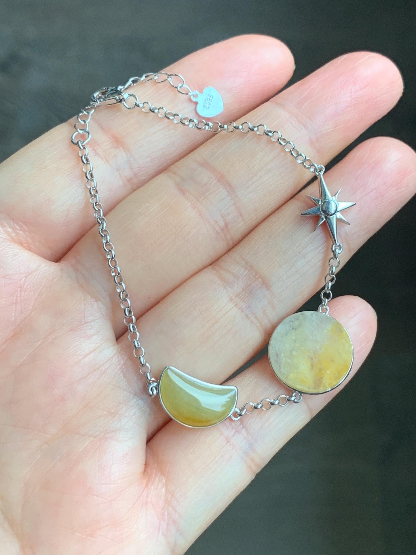 Certified Natural Grade A Icy Highly Translucent Yellow Marbled Jadeite Sun Moon Star Bracelet Sterling Silver 6.25” 天然冰黄翡翠星星月亮太阳银镶手链 8778