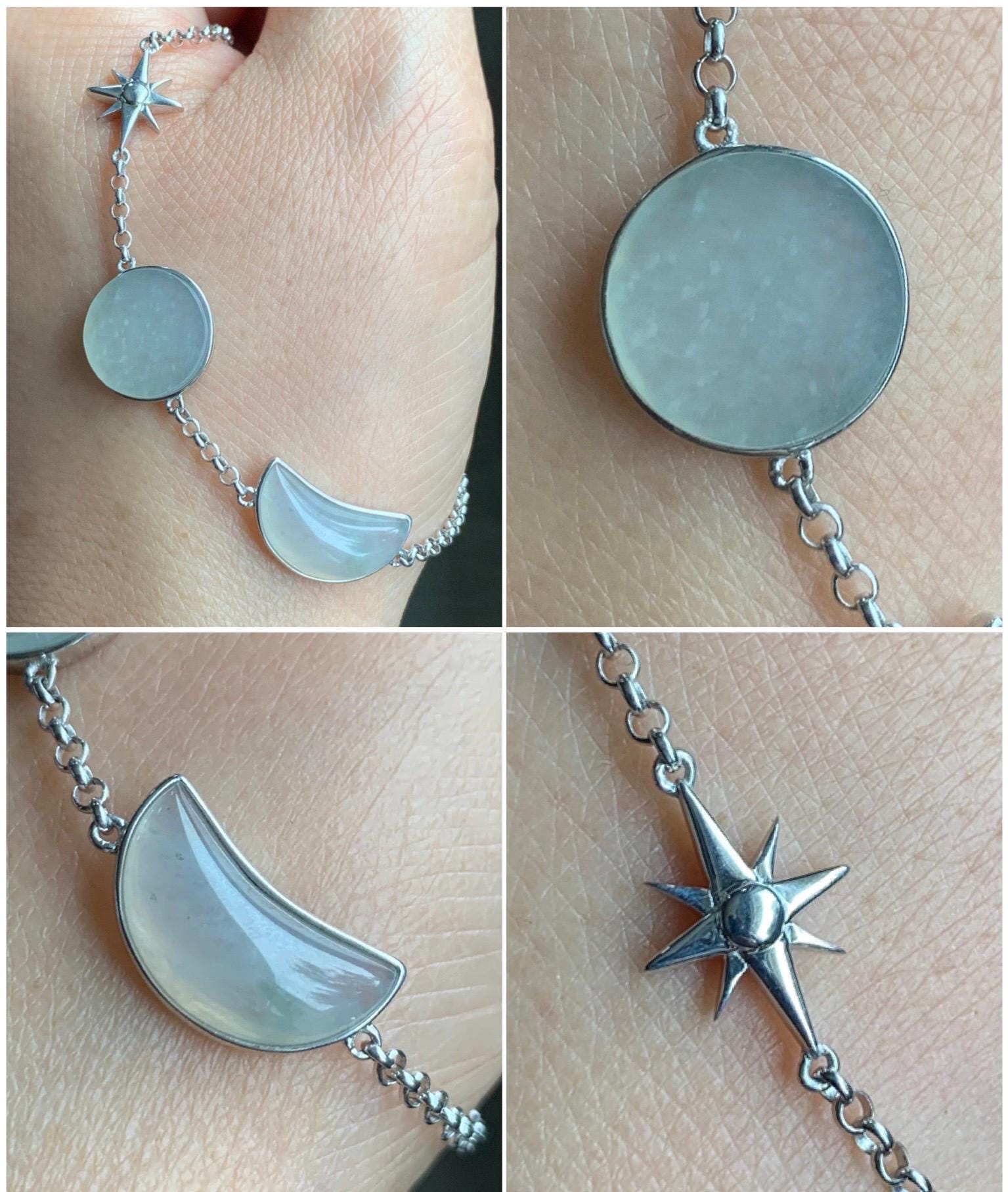 Certified Natural Grade A Icy Highly Translucent White Jadeite Sun Moon Star Bracelet Sterling Silver 6.25”-7.5” 4.6g 天然白冰翡翠星星月亮太阳银镶手链 8775