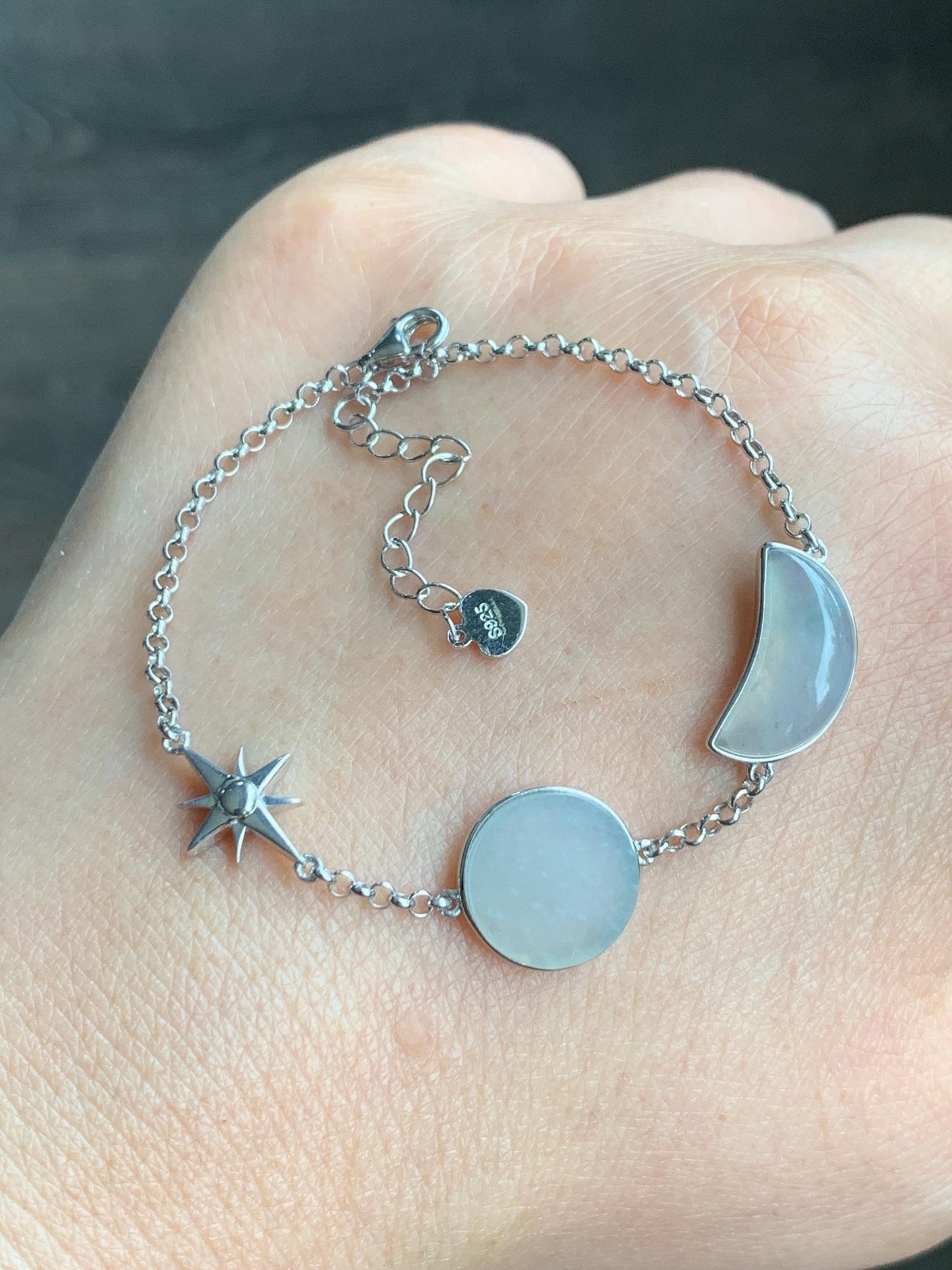 Certified Natural Grade A Icy Highly Translucent White Jadeite Sun Moon Star Bracelet Sterling Silver 6.25”-7.5” 4.6g 天然白冰翡翠星星月亮太阳银镶手链 8775