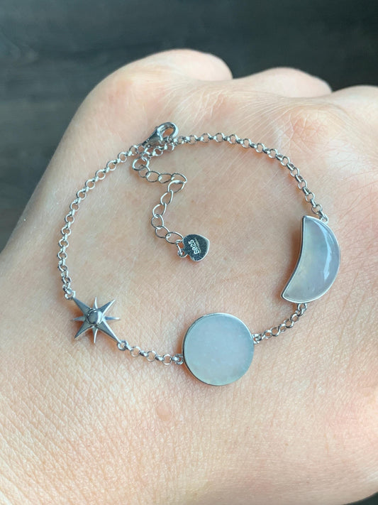 Certified Natural Grade A Icy Highly Translucent White Jadeite Sun Moon Star Bracelet Sterling Silver 6.25”-7.5” 4.6g 天然白冰翡翠星星月亮太阳银镶手链 8775