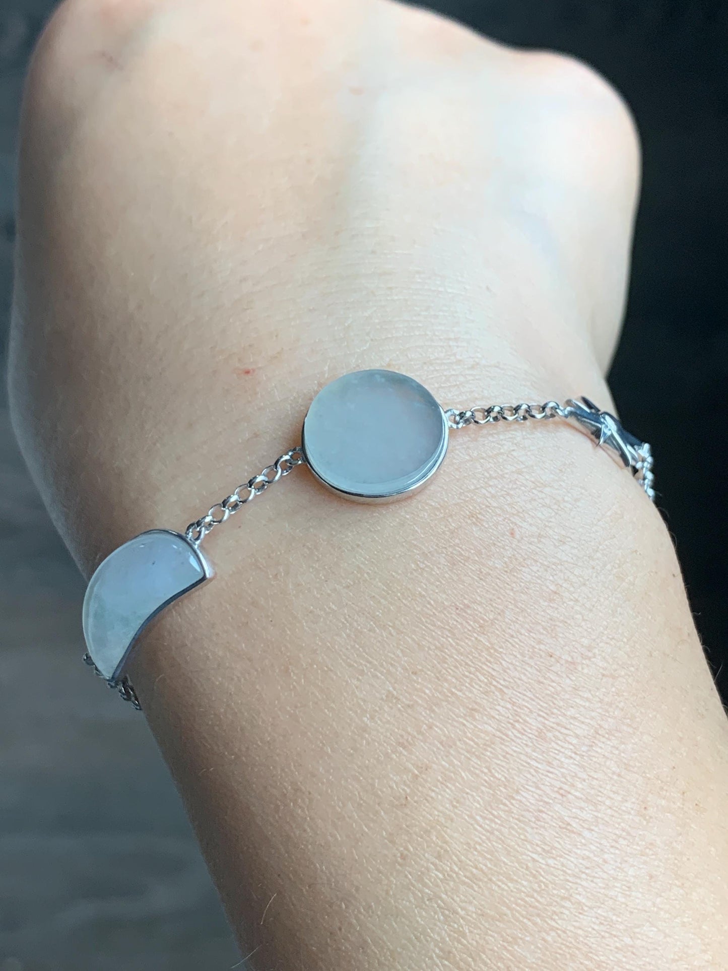 Certified Natural Grade A Icy Highly Translucent White Jadeite Sun Moon Star Bracelet Sterling Silver 6.25”-7.5” 4.6g 天然白冰翡翠星星月亮太阳银镶手链 8775