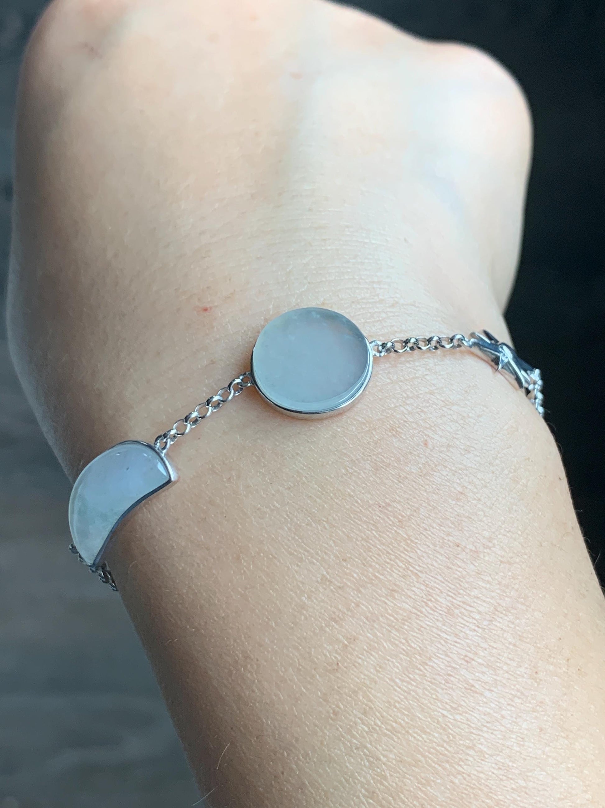 Certified Natural Grade A Icy Highly Translucent White Jadeite Sun Moon Star Bracelet Sterling Silver 6.25”-7.5” 4.6g 天然白冰翡翠星星月亮太阳银镶手链 8775
