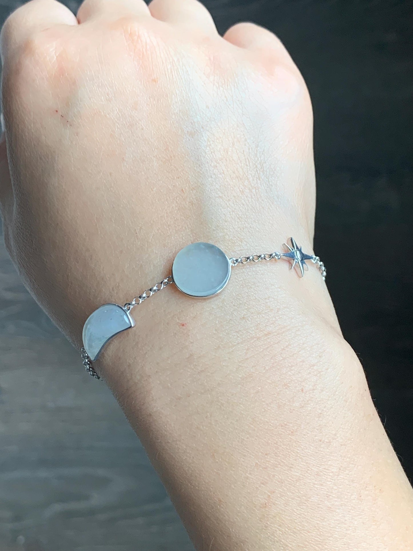 Certified Natural Grade A Icy Highly Translucent White Jadeite Sun Moon Star Bracelet Sterling Silver 6.25”-7.5” 4.6g 天然白冰翡翠星星月亮太阳银镶手链 8775