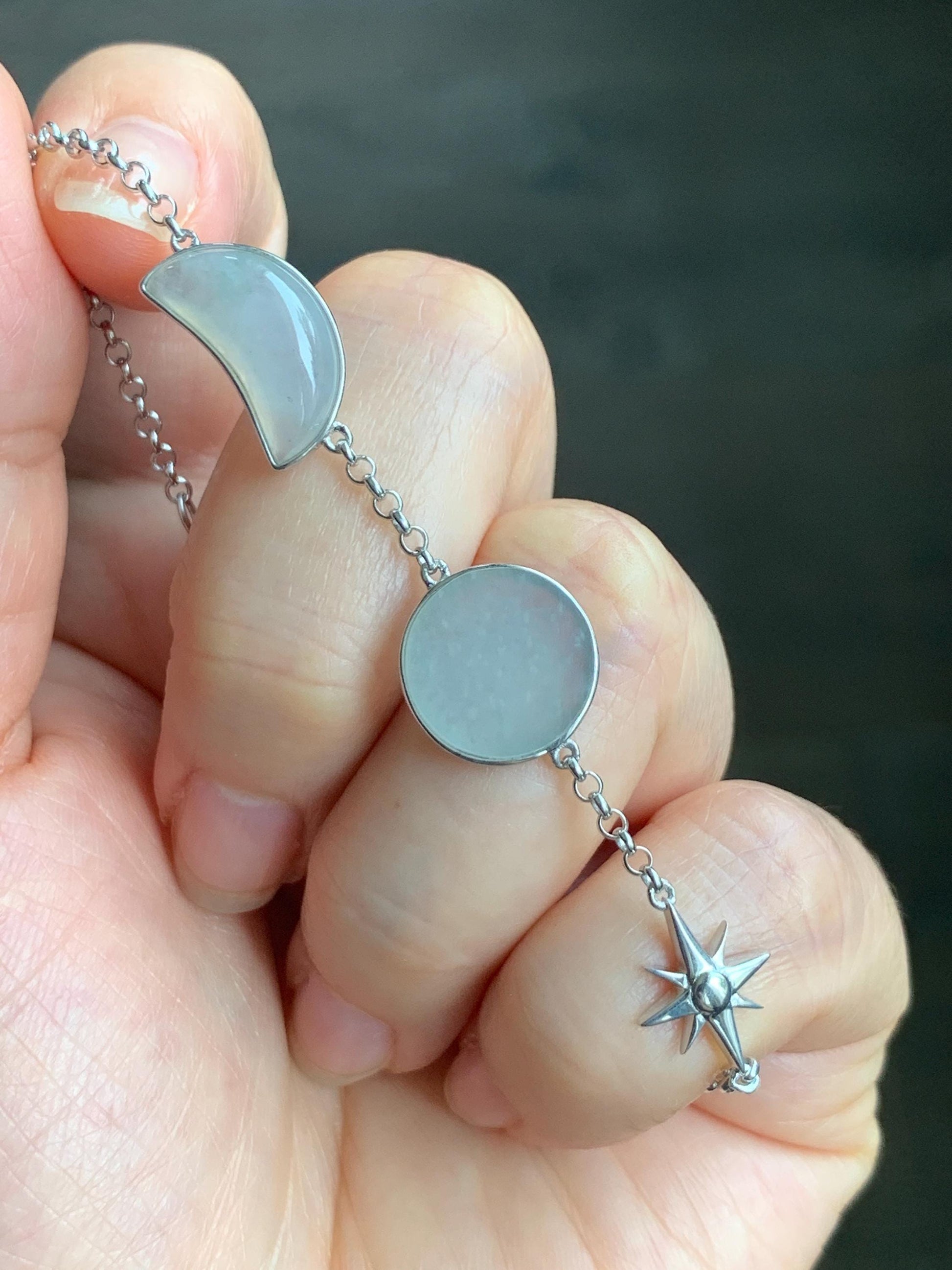 Certified Natural Grade A Icy Highly Translucent White Jadeite Sun Moon Star Bracelet Sterling Silver 6.25”-7.5” 4.6g 天然白冰翡翠星星月亮太阳银镶手链 8775