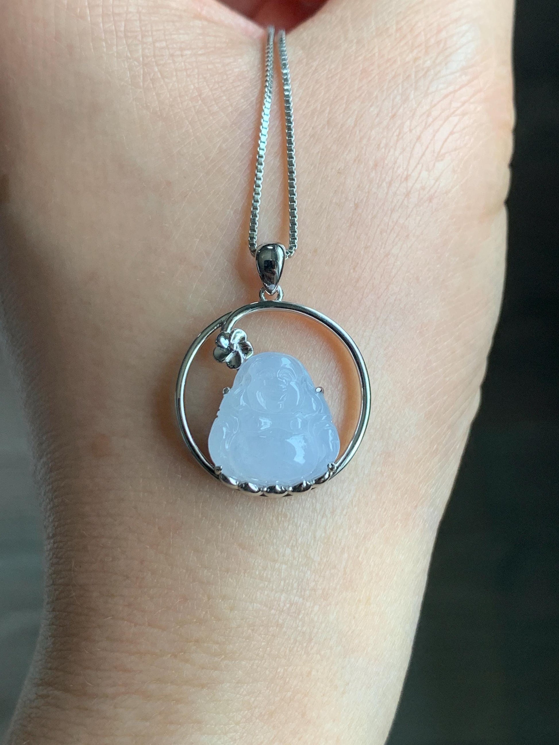 Certified Natural Grade A Icy Translucent Gelatinous White Jadeite Buddha Pendant Sterling Silver 3.63g 天然老种冰胶淡紫底翡翠佛公镶嵌吊坠 8772