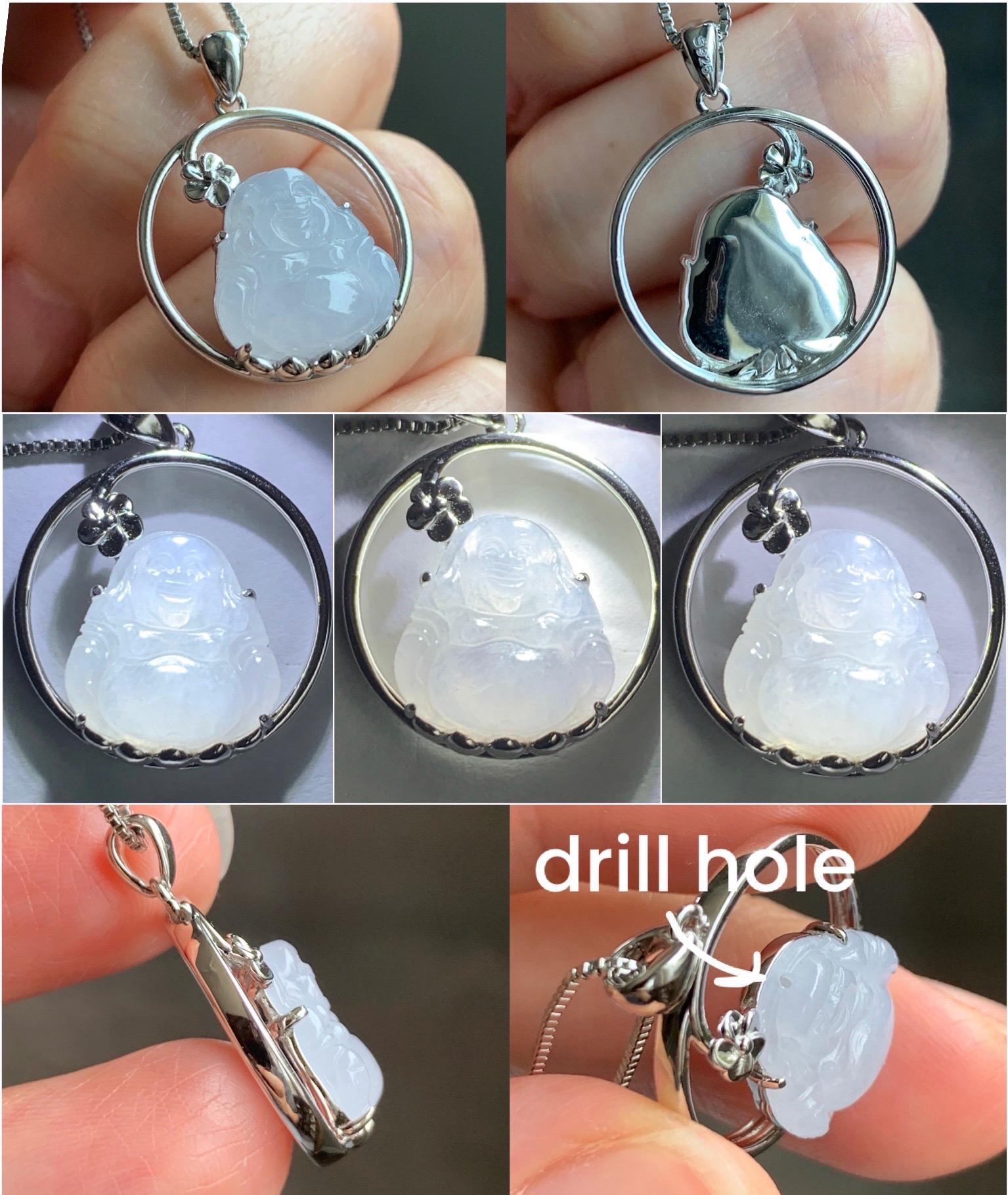Certified Natural Grade A Icy Translucent Gelatinous White Jadeite Buddha Pendant Sterling Silver 3.63g 天然老种冰胶淡紫底翡翠佛公镶嵌吊坠 8772
