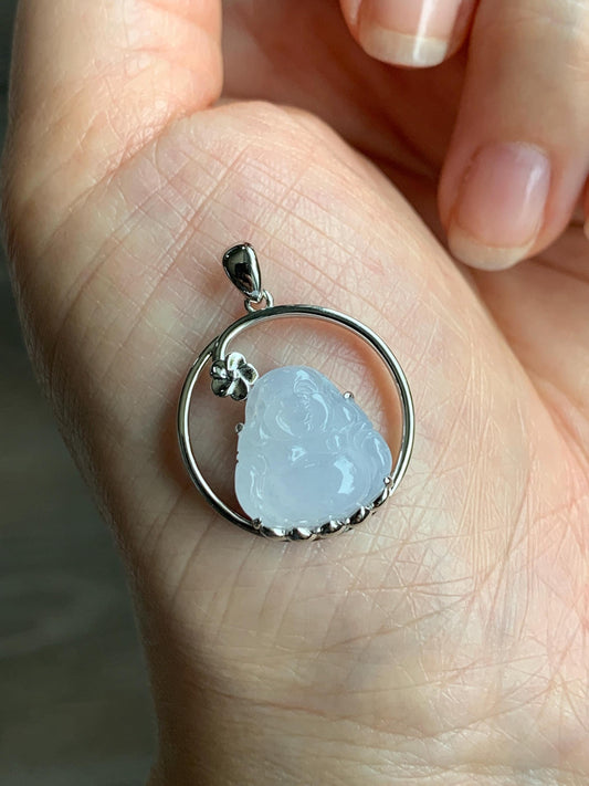 Certified Natural Grade A Icy Translucent Gelatinous White Jadeite Buddha Pendant Sterling Silver 3.63g 天然老种冰胶淡紫底翡翠佛公镶嵌吊坠 8772