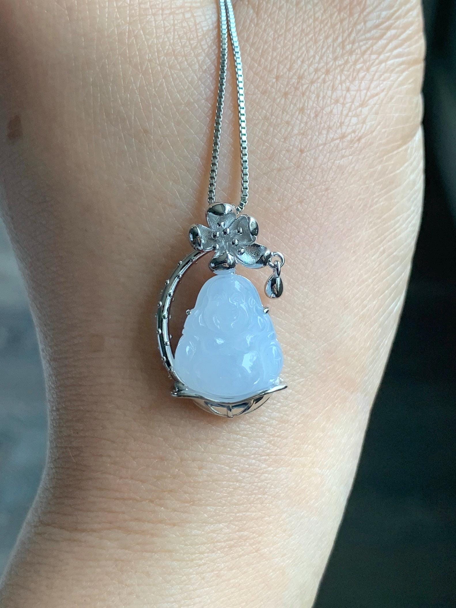 Certified Natural Grade A Icy Translucent Gelatinous White Jadeite Buddha Pendant Sterling Silver 4.93g 天然老种冰胶淡紫底翡翠佛公镶嵌吊坠 8774