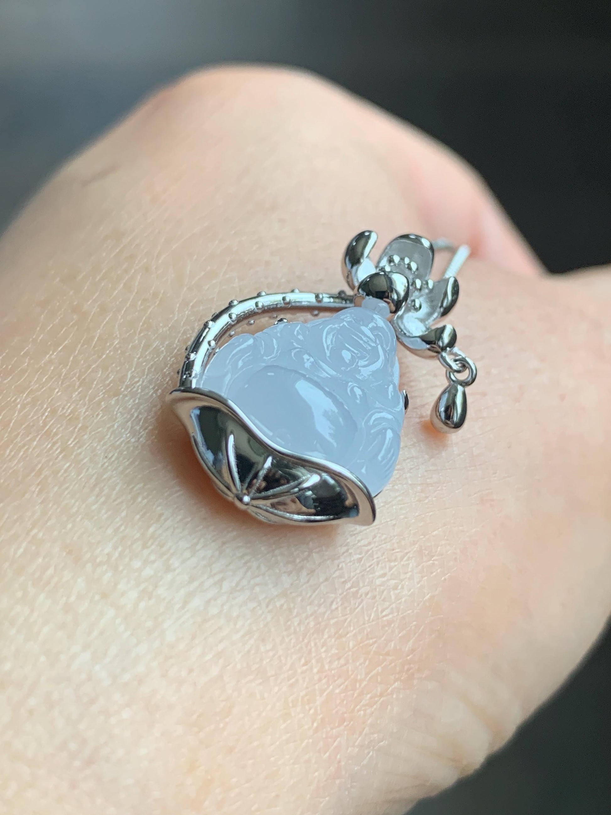 Certified Natural Grade A Icy Translucent Gelatinous White Jadeite Buddha Pendant Sterling Silver 4.93g 天然老种冰胶淡紫底翡翠佛公镶嵌吊坠 8774