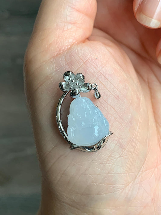 Certified Natural Grade A Icy Translucent Gelatinous White Jadeite Buddha Pendant Sterling Silver 4.93g 天然老种冰胶淡紫底翡翠佛公镶嵌吊坠 8774