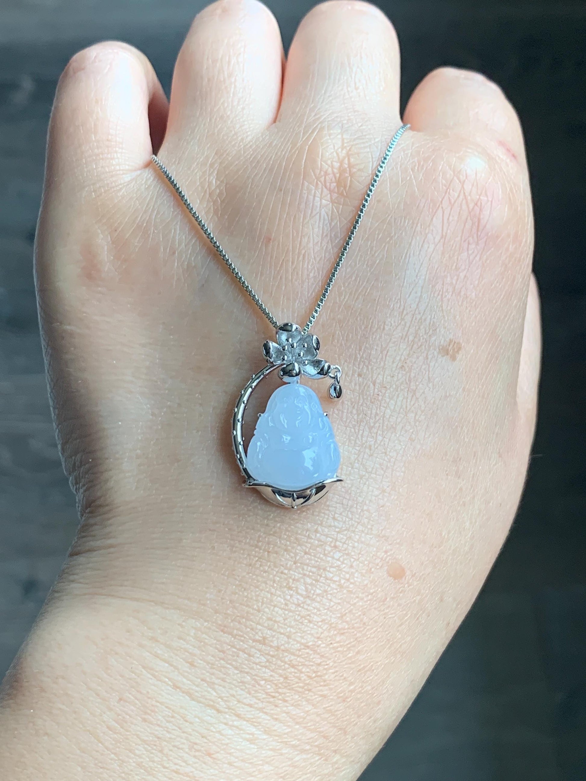 Certified Natural Grade A Icy Translucent Gelatinous White Jadeite Buddha Pendant Sterling Silver 4.93g 天然老种冰胶淡紫底翡翠佛公镶嵌吊坠 8774