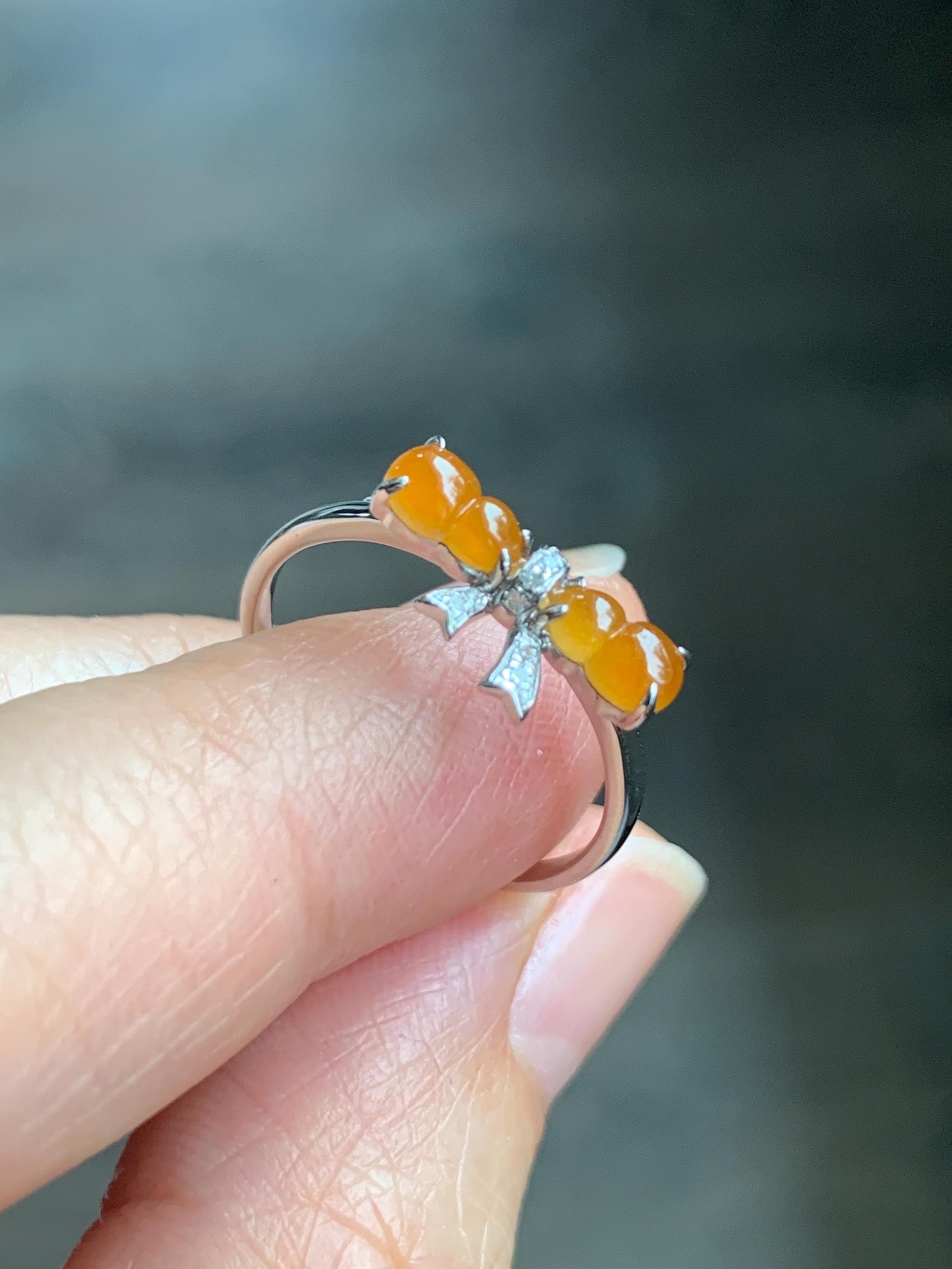 Certified Natural Grade A Icy Highly Translucent Vibrant Orange Yellow Jadeite Double Gourd Ring 14K White Gold Size 7.25 天然正冰红翡双葫芦镶嵌戒指 6676
