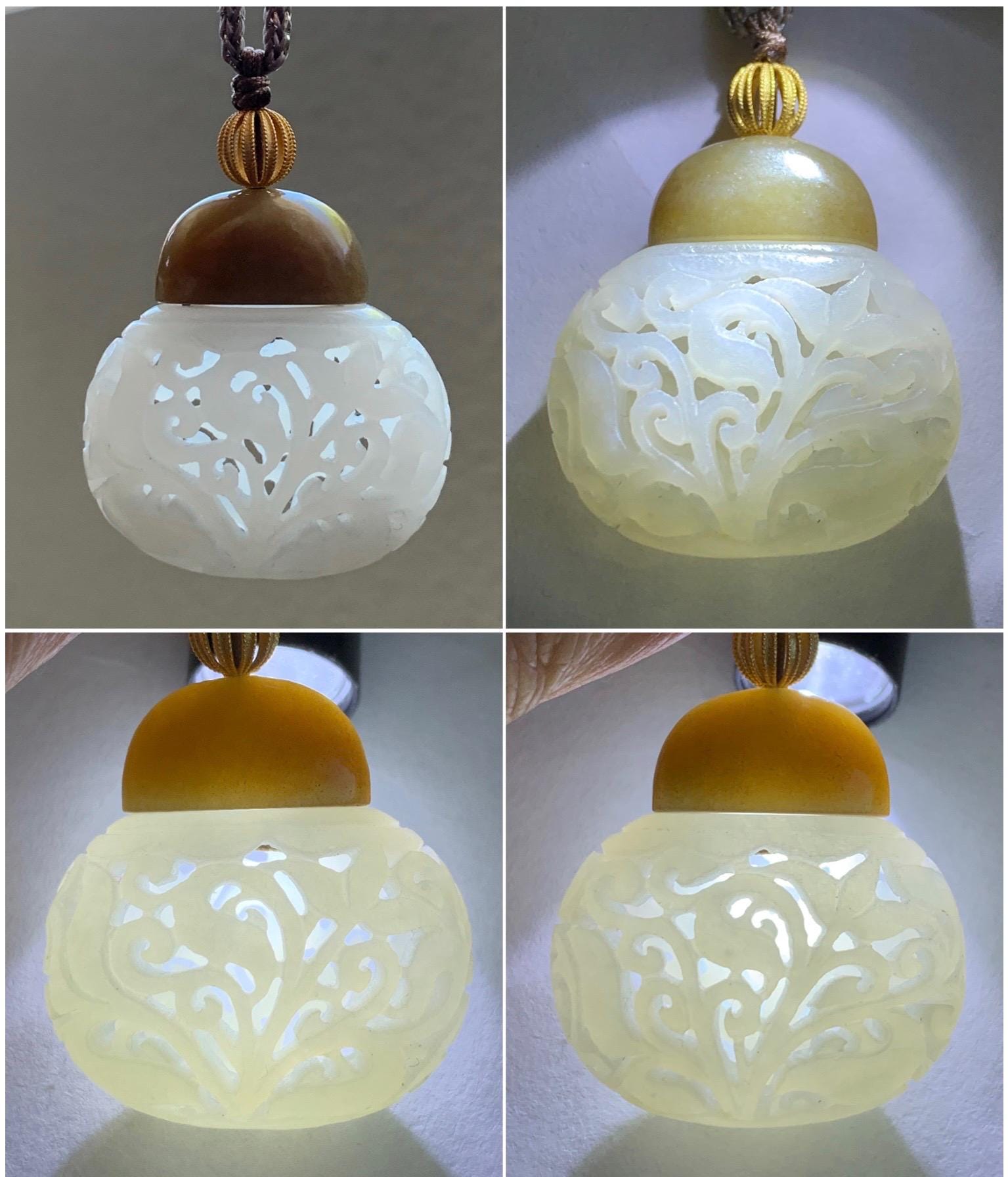 Natural Translucent Icy White & Brown Nephrite Jade Openwork Engraved Locket Pendant Rope Necklace Adjustable 25” 14g 天然和田玉白玉镂空雕花瓶项链 HTY-J