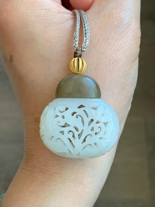 Natural Translucent Icy White & Brown Nephrite Jade Openwork Engraved Locket Pendant Rope Necklace Adjustable 25” 14g 天然和田玉白玉镂空雕花瓶项链 HTY-J