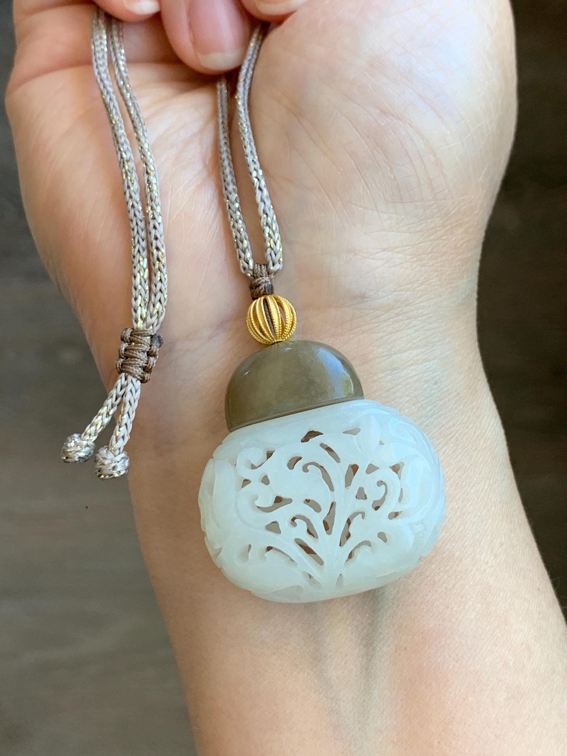 Natural Translucent Icy White & Brown Nephrite Jade Openwork Engraved Locket Pendant Rope Necklace Adjustable 25” 14g 天然和田玉白玉镂空雕花瓶项链 HTY-J