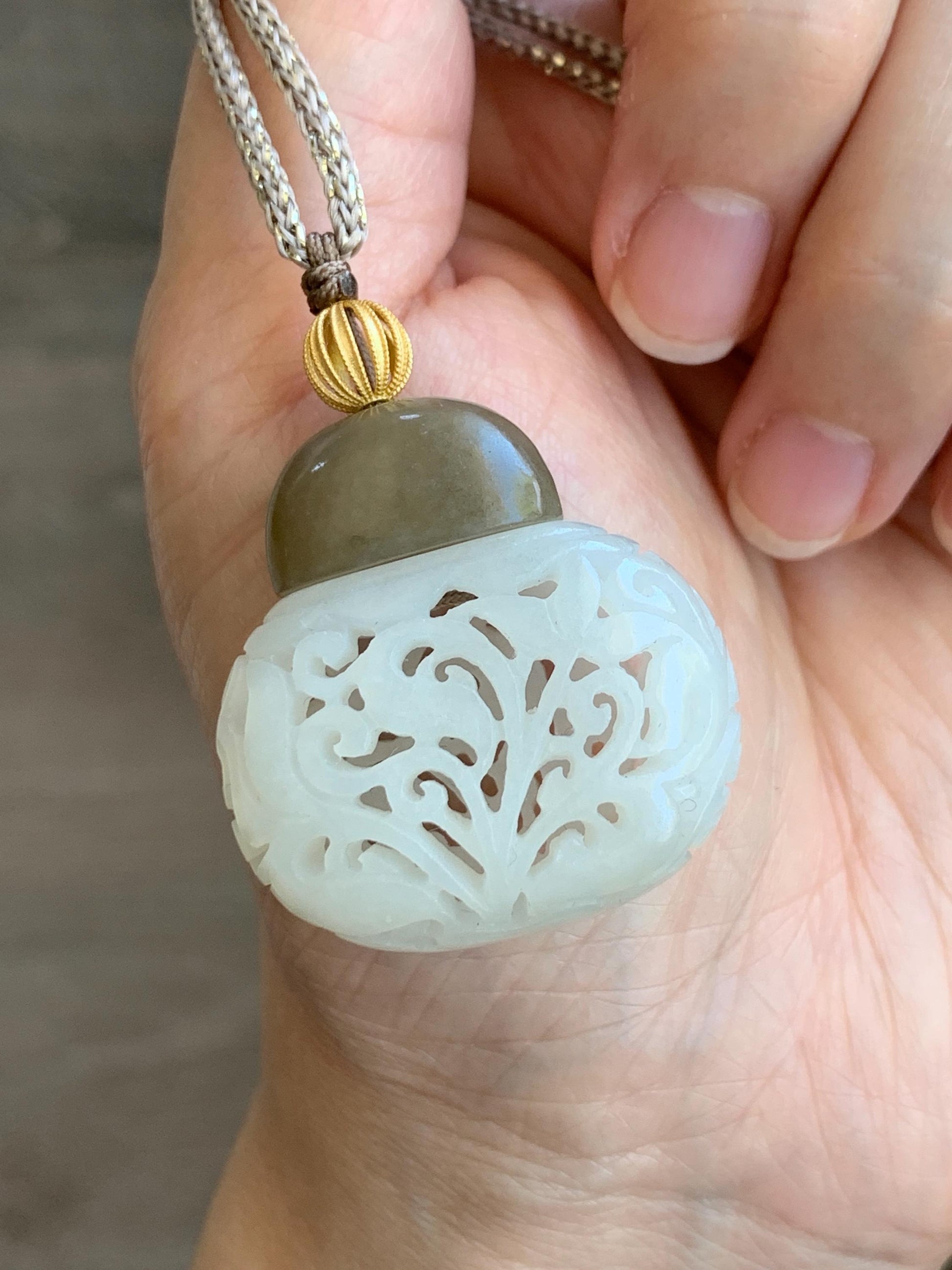 Natural Translucent Icy White & Brown Nephrite Jade Openwork Engraved Locket Pendant Rope Necklace Adjustable 25” 14g 天然和田玉白玉镂空雕花瓶项链 HTY-J