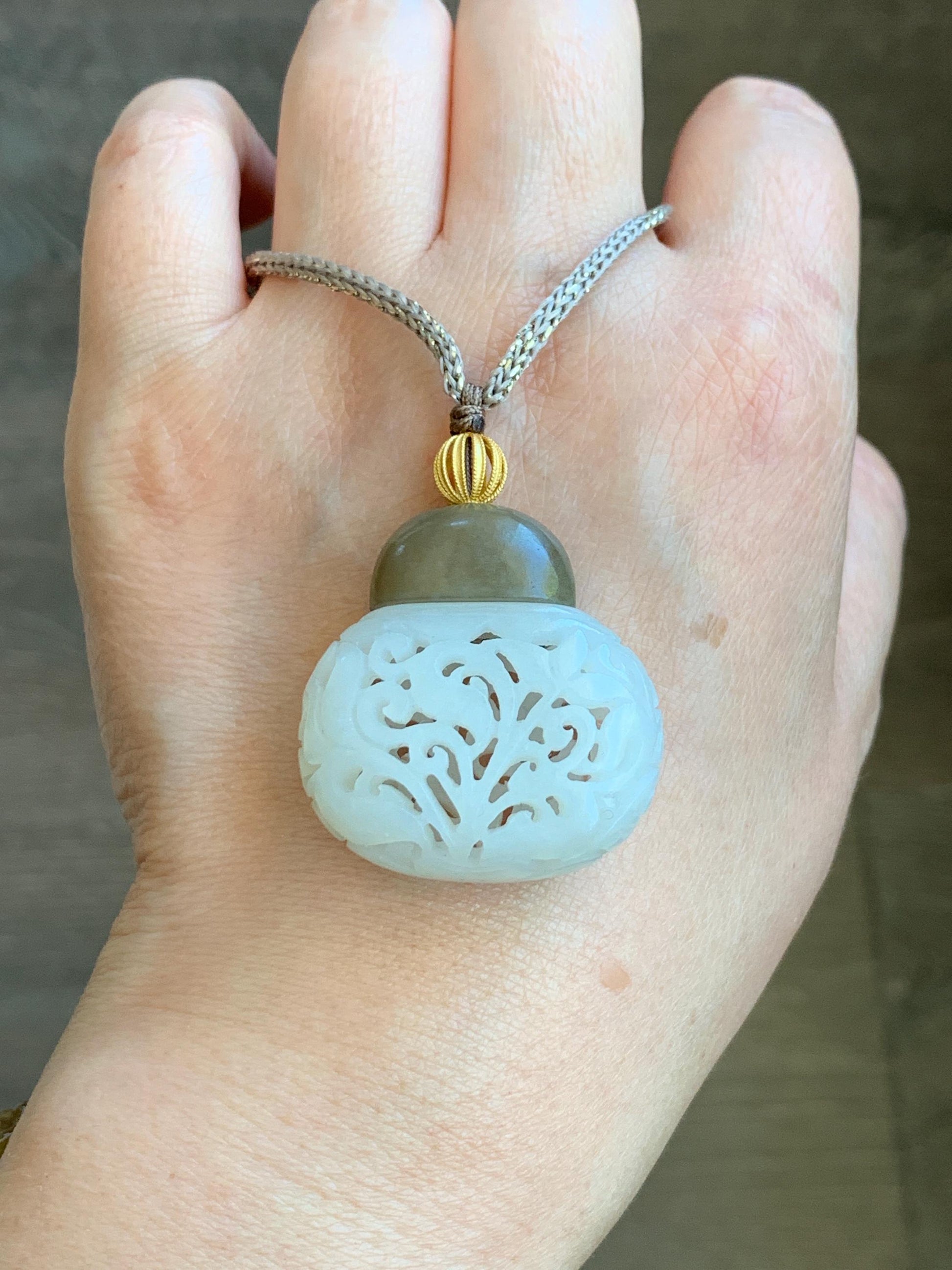 Natural Translucent Icy White & Brown Nephrite Jade Openwork Engraved Locket Pendant Rope Necklace Adjustable 25” 14g 天然和田玉白玉镂空雕花瓶项链 HTY-J