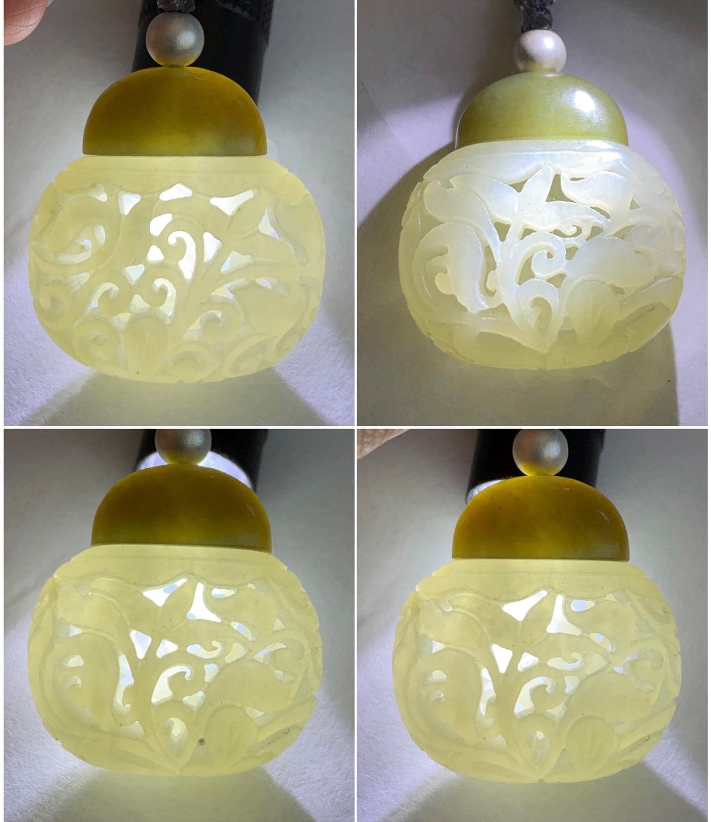 Natural Translucent Icy White & Green Nephrite Jade Openwork Engraved Locket Pendant Rope Necklace Adjustable 25” 14g 天然和田玉白玉镂空雕花瓶项链 HTY-Y