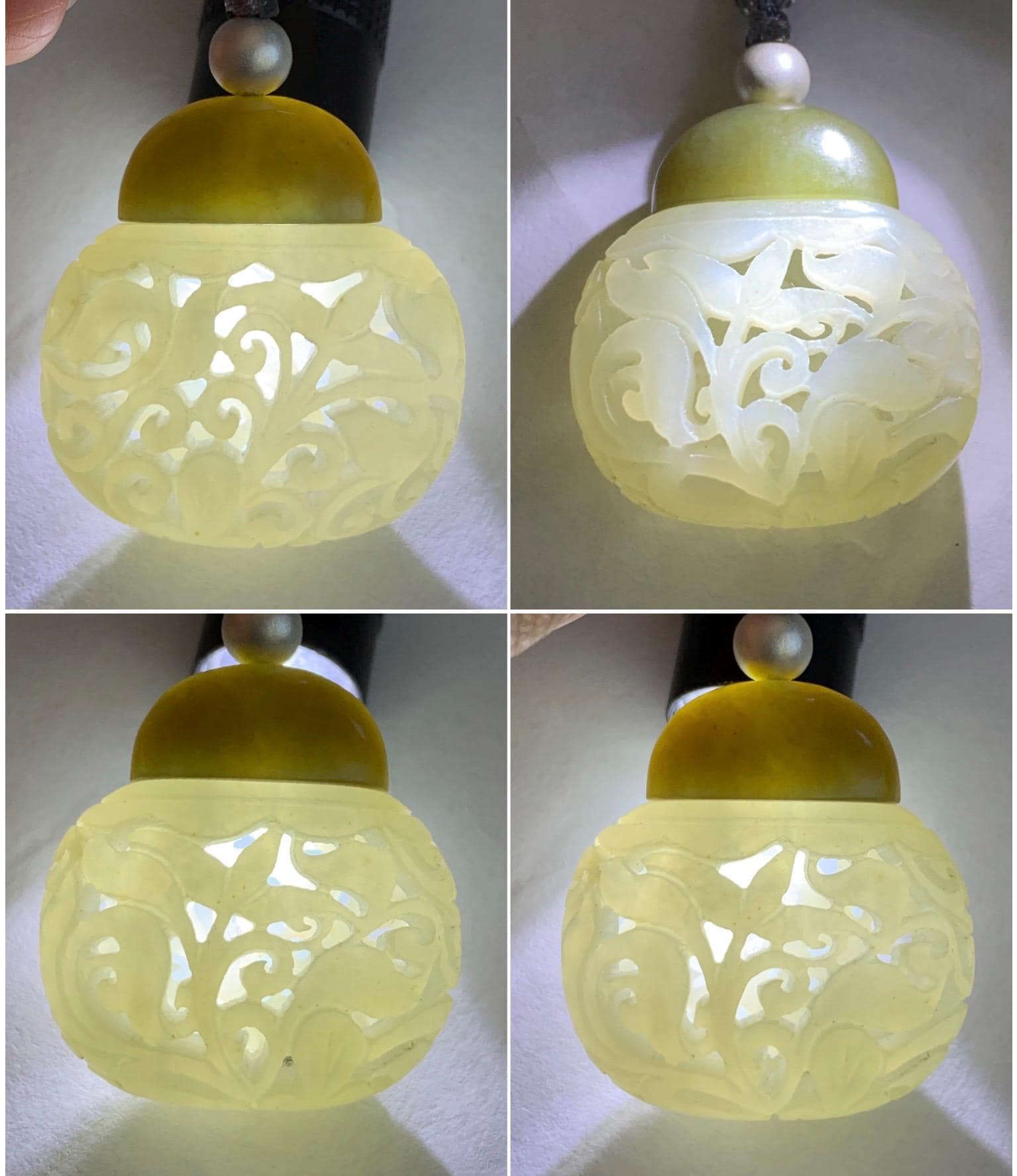 Natural Translucent Icy White & Green Nephrite Jade Openwork Engraved Locket Pendant Rope Necklace Adjustable 25” 14g 天然和田玉白玉镂空雕花瓶项链 HTY-Y