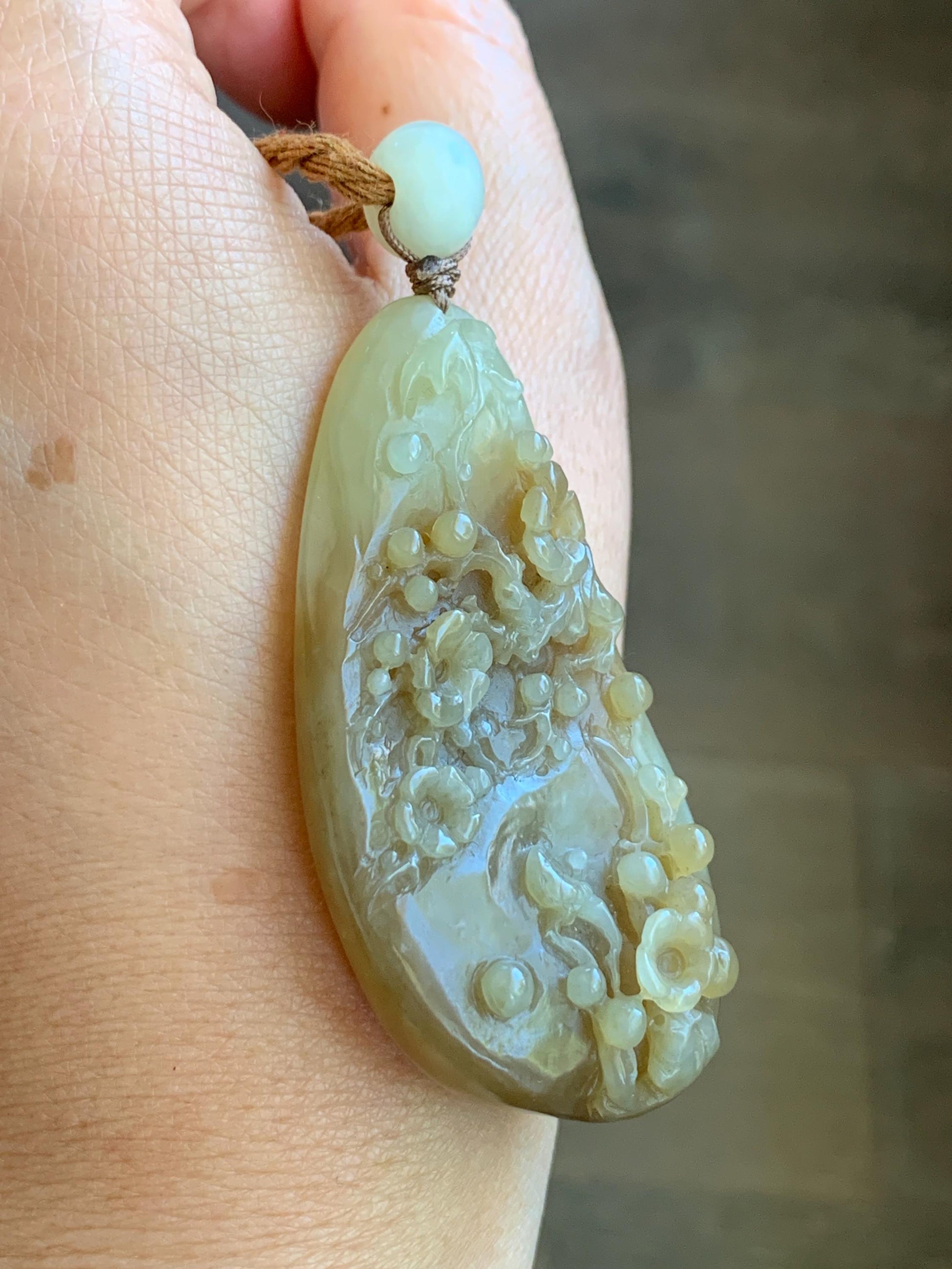 Natural Translucent Caramel Brown Nephrite Jade Carved Cherry Blossom Branch Pendant Rope Necklace Adjustable 28” 33g 天然和田玉焦糖玉梅花枝吊坠项链 HTY-MH