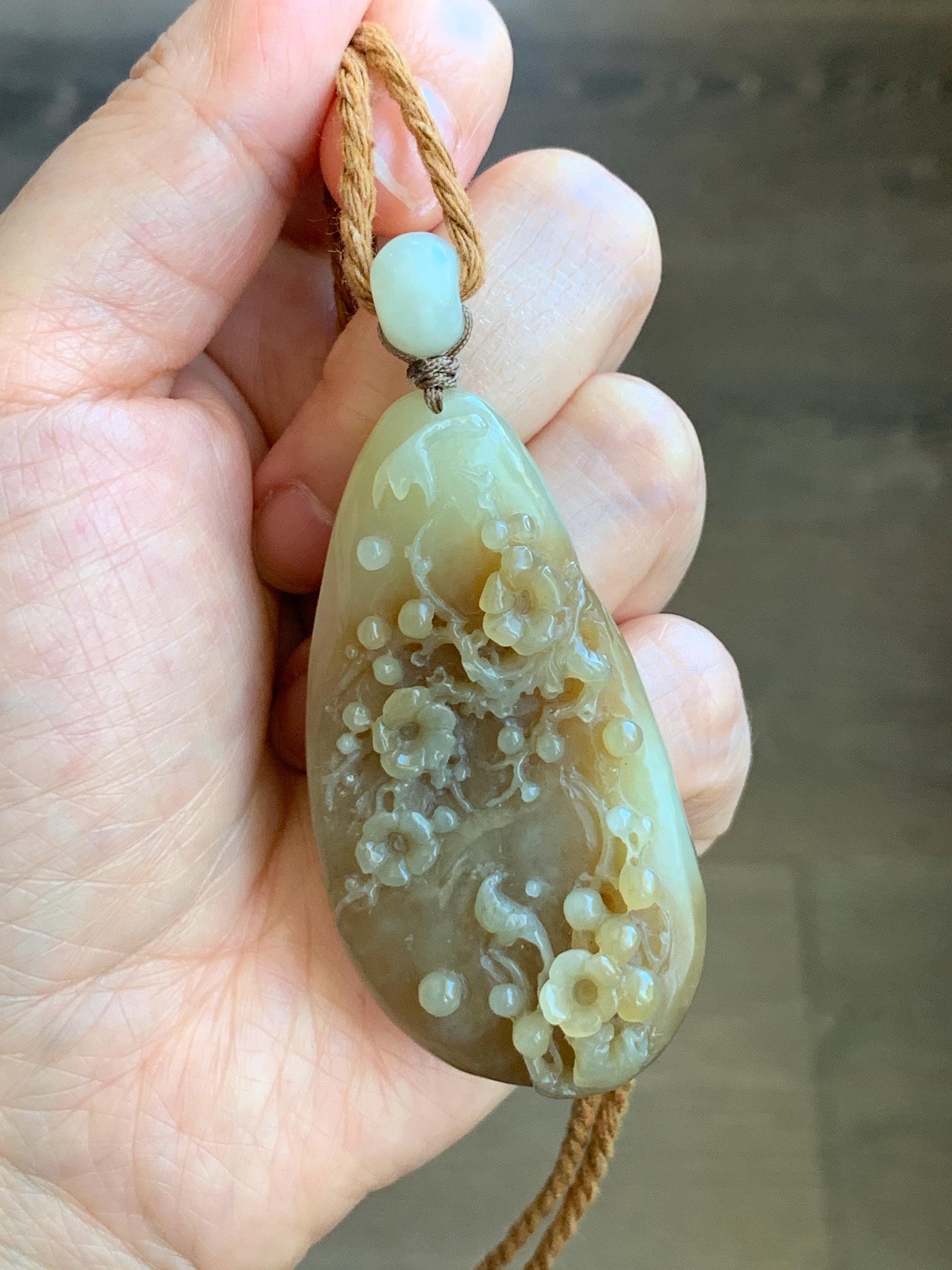 Natural Translucent Caramel Brown Nephrite Jade Carved Cherry Blossom Branch Pendant Rope Necklace Adjustable 28” 33g 天然和田玉焦糖玉梅花枝吊坠项链 HTY-MH