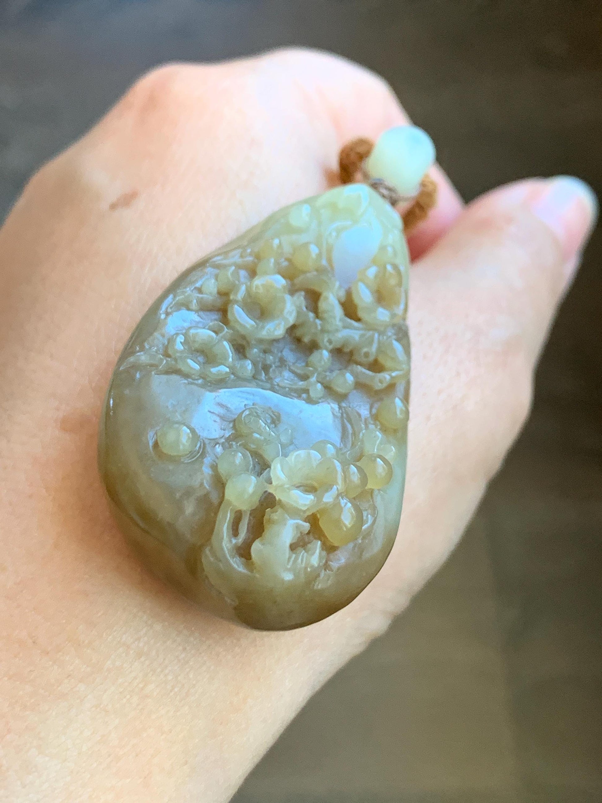 Natural Translucent Caramel Brown Nephrite Jade Carved Cherry Blossom Branch Pendant Rope Necklace Adjustable 28” 33g 天然和田玉焦糖玉梅花枝吊坠项链 HTY-MH