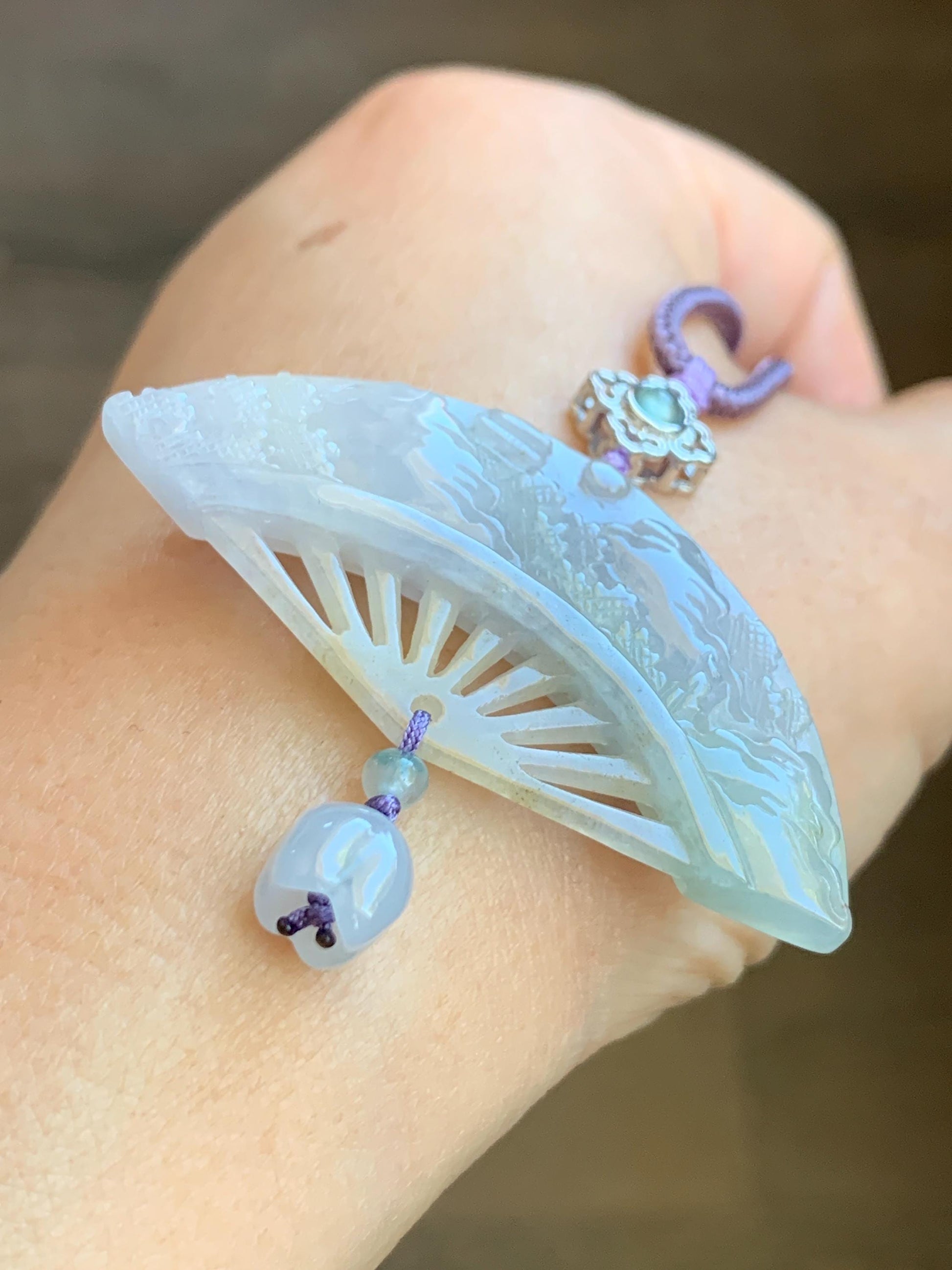 Natural Grade A Icy Translucent Tricolored Jadeite Shan Shui Landscape Fan Pendant Rope Necklace 25” Sterling Silver 天然冰胶紫三彩翡翠山水扇子吊坠 SCSS-A