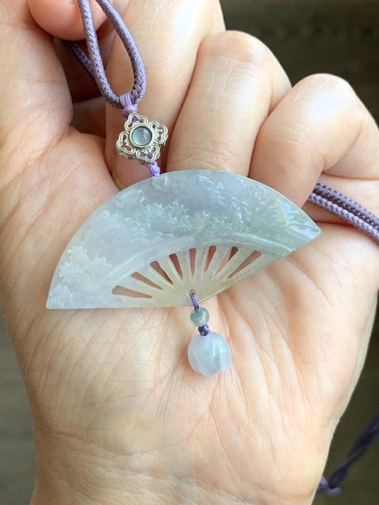 Natural Grade A Icy Translucent Tricolored Jadeite Shan Shui Landscape Fan Pendant Rope Necklace 25” Sterling Silver 天然冰胶紫三彩翡翠山水扇子吊坠 SCSS-A