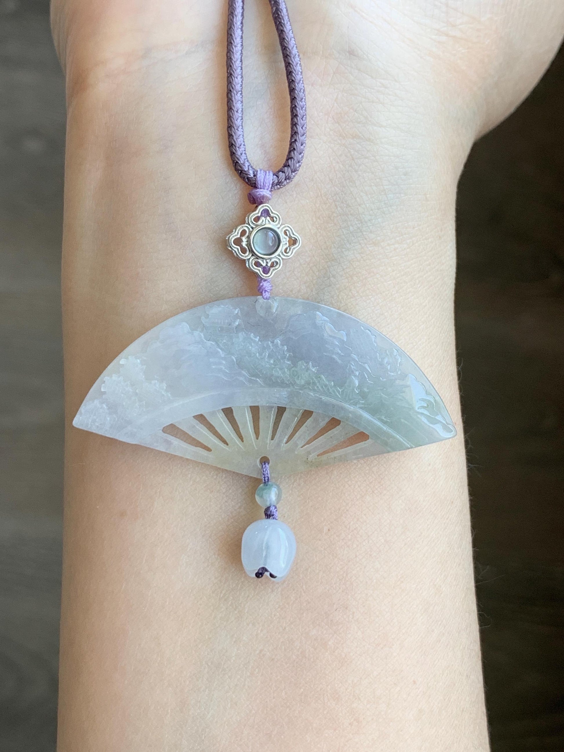 Natural Grade A Icy Translucent Tricolored Jadeite Shan Shui Landscape Fan Pendant Rope Necklace 25” Sterling Silver 天然冰胶紫三彩翡翠山水扇子吊坠 SCSS-A
