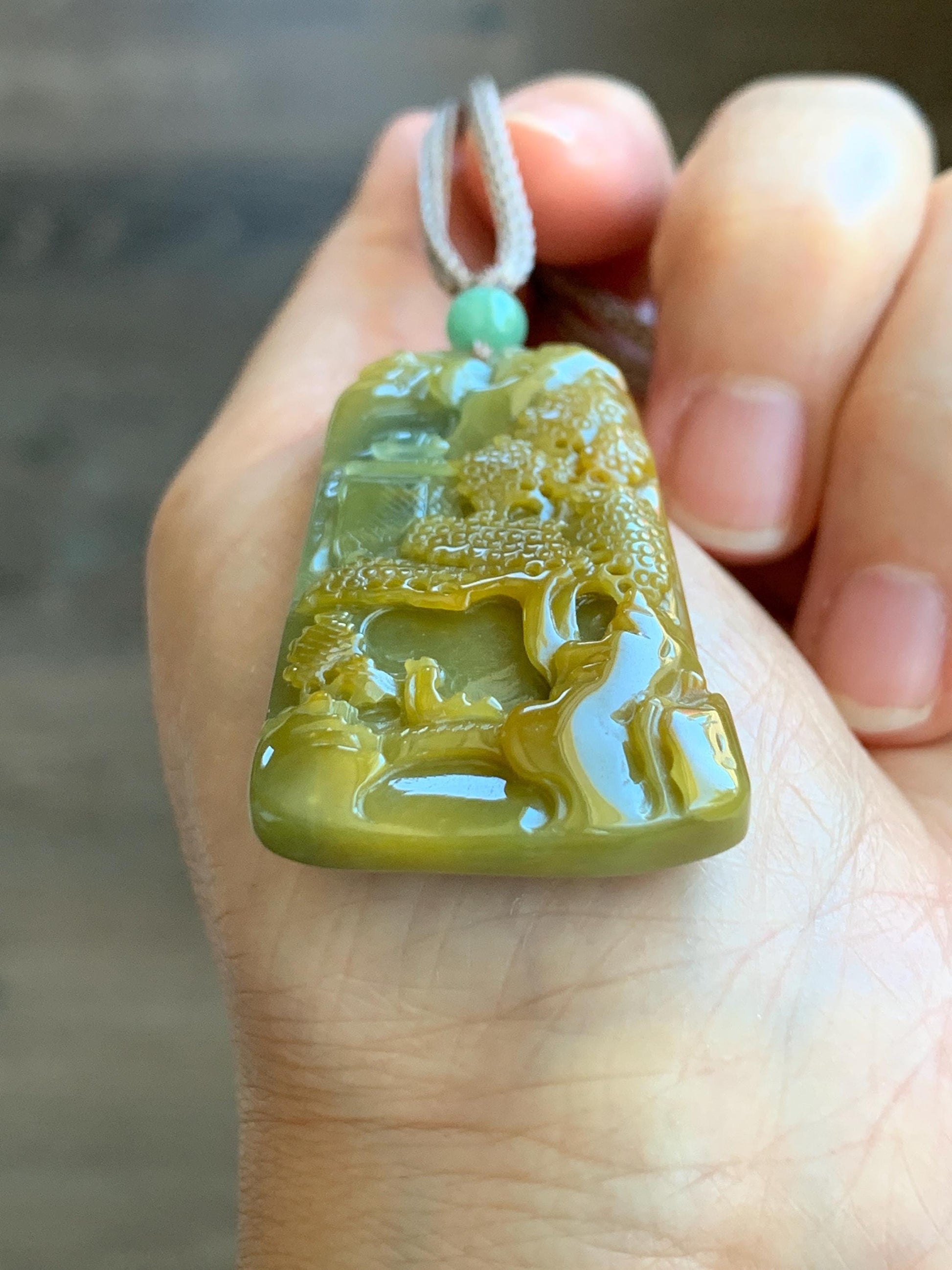 Natural Grade A Guatemalan Icy Translucent Intense Yellow Jadeite Shan Shui Landscape Pendant Rope Necklace 25” 16g 天然冰危黄翡翠山水牌吊坠 WHSS