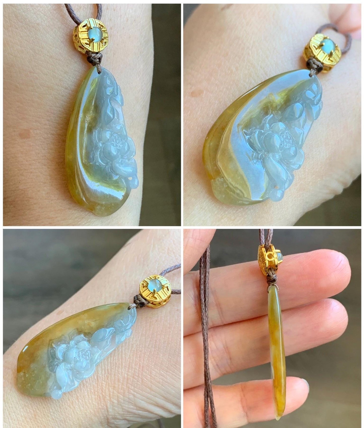 Certified Natural Grade A Icy Translucent Yellow Pastel Blue Marbled Jadeite Lotus Flower Rope Necklace Sterling Silver 26” 天然冰胶黄翡翠莲花吊坠 1468