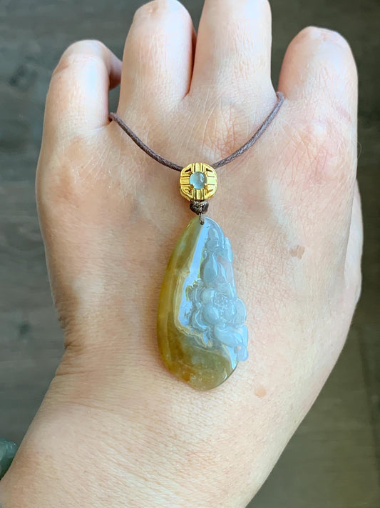 Certified Natural Grade A Icy Translucent Yellow Pastel Blue Marbled Jadeite Lotus Flower Rope Necklace Sterling Silver 26” 天然冰胶黄翡翠莲花吊坠 1468