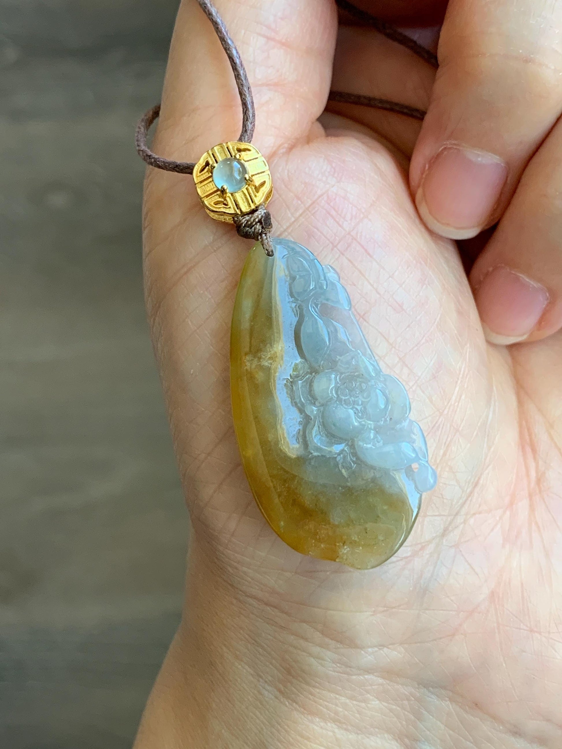 Certified Natural Grade A Icy Translucent Yellow Pastel Blue Marbled Jadeite Lotus Flower Rope Necklace Sterling Silver 26” 天然冰胶黄翡翠莲花吊坠 1468